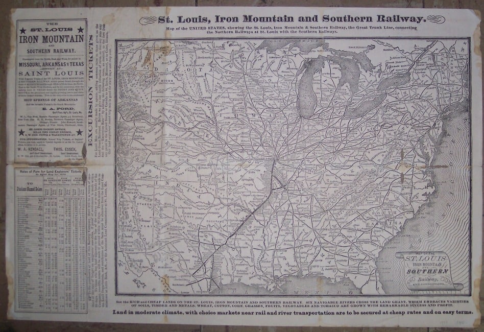 Map of the St.Louis, Iron Mountain and Southern Railway and Connections: Publication Date:1878 Title:Map of the St.Louis, Iron Mountain and Southern Railway and Connections,li>Cartographer:ST. LOUIS, IRON MOUNTAIN AND SOUTHERN RAILWAY Publisher:S.L.I.M. & S.R.R. Brief