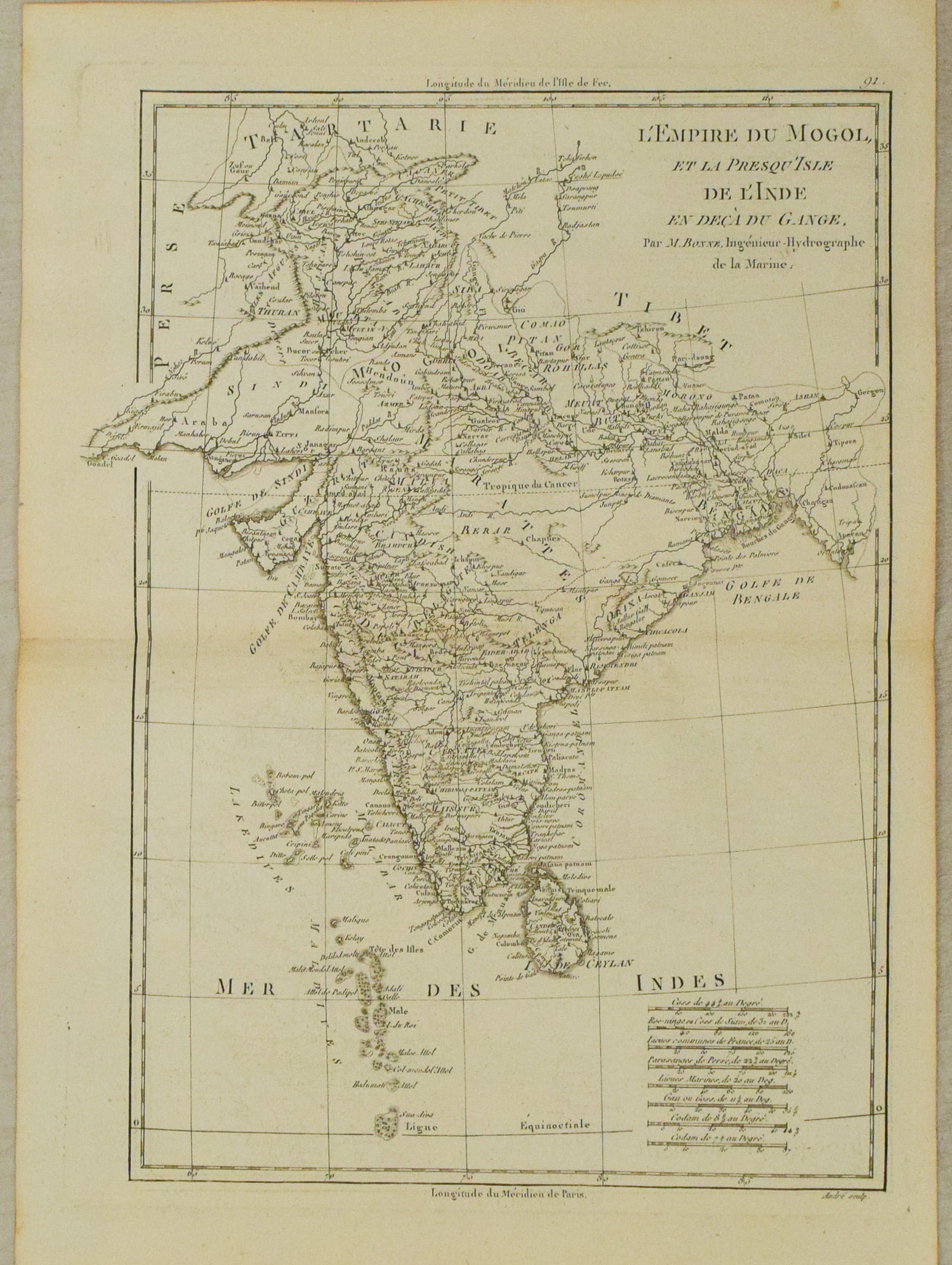 1787 Bonne Map of India, Pakistan, Sri Lanka, Bangladesh, the Maldives -- L'Empire du Mogol, et la: Title:1787 Bonne Map of India, Pakistan, Sri Lanka, Bangladesh, the Maldives -- L'Empire du Mogol, et la Presqu' Isle de l'Inde en Deca du Gange,li>Cartographer:R Bonne Year/Place:1787, Paris Map