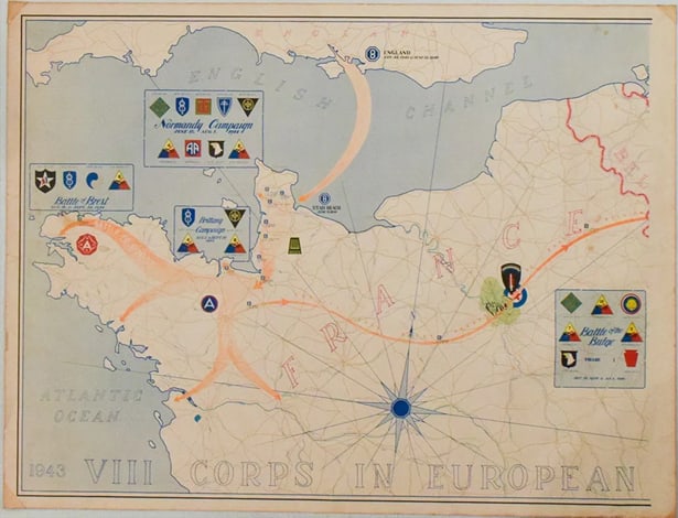 US Army VIII Corps In European Theater of Operations: Title:US Army VIII Corps In European Theater of Operations,li>Cartographer:VIII Corps Office of Engineer Year/Place:1945 Map Dimension (in.):54.5 X 21 in. if joined Description:This a superb and rare 