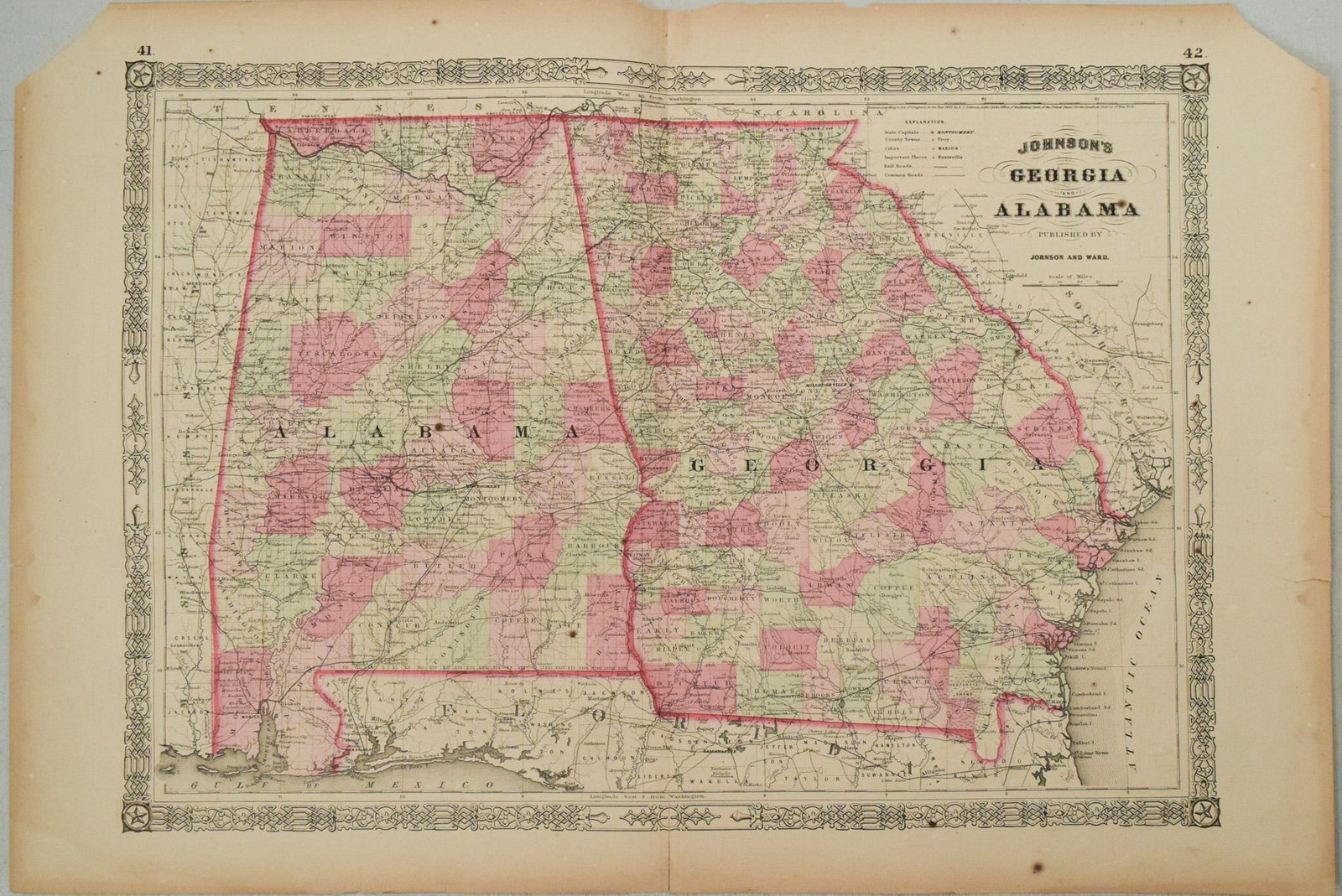 1864 Johnson Map of Georgia and Alabama -- Johnson's Georgia and Alabama: Title:1864 Johnson Map of Georgia and Alabama -- Johnson's Georgia and Alabama,li>Cartographer:Johnson & Ward Year/Place:1864, New York Map Dimension (in.):15.5 X 21.3 in. Description:This is an excel