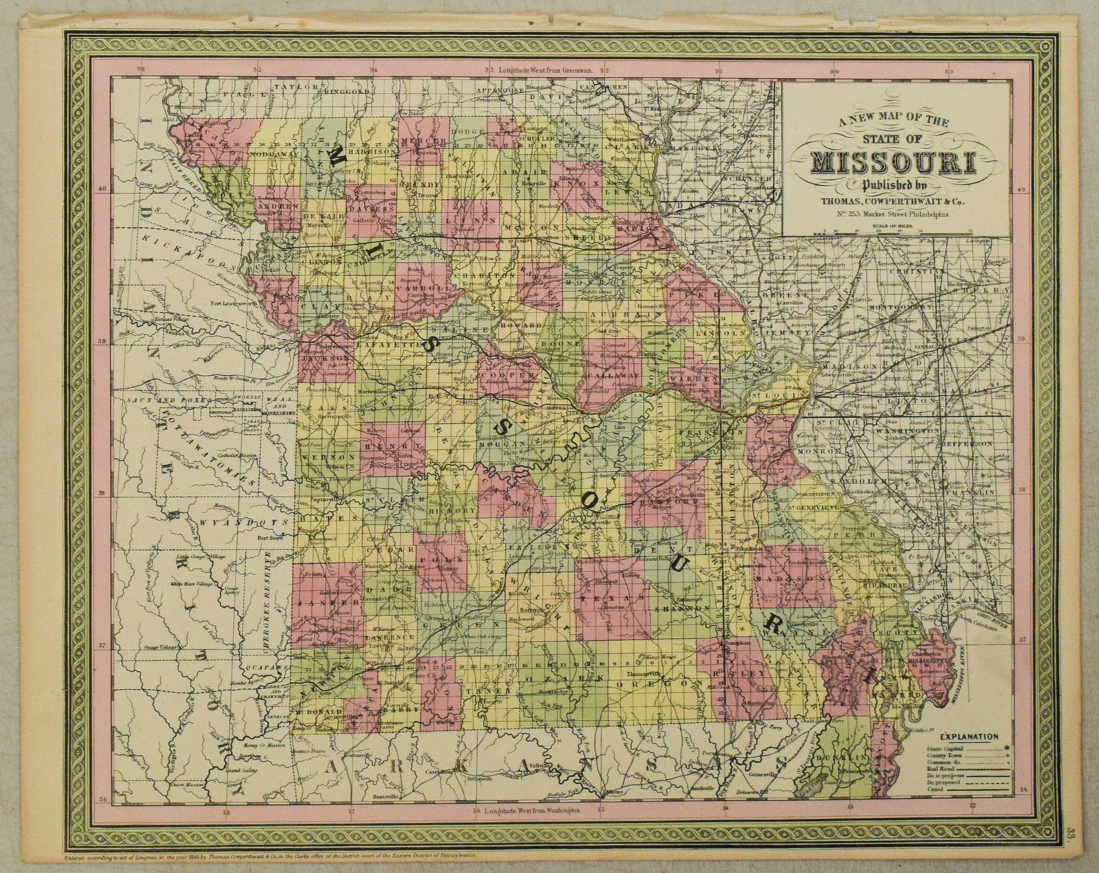 1850 Mitchell Map of Missouri -- A New Map of the State of Missouri: Title:1850 Mitchell Map of Missouri -- A New Map of the State of Missouri,li>Cartographer:S Mitchell Year/Place:1850, Philadelphia Map Dimension (in.):13.2 X 16.1 in. Description:This is an excellent 