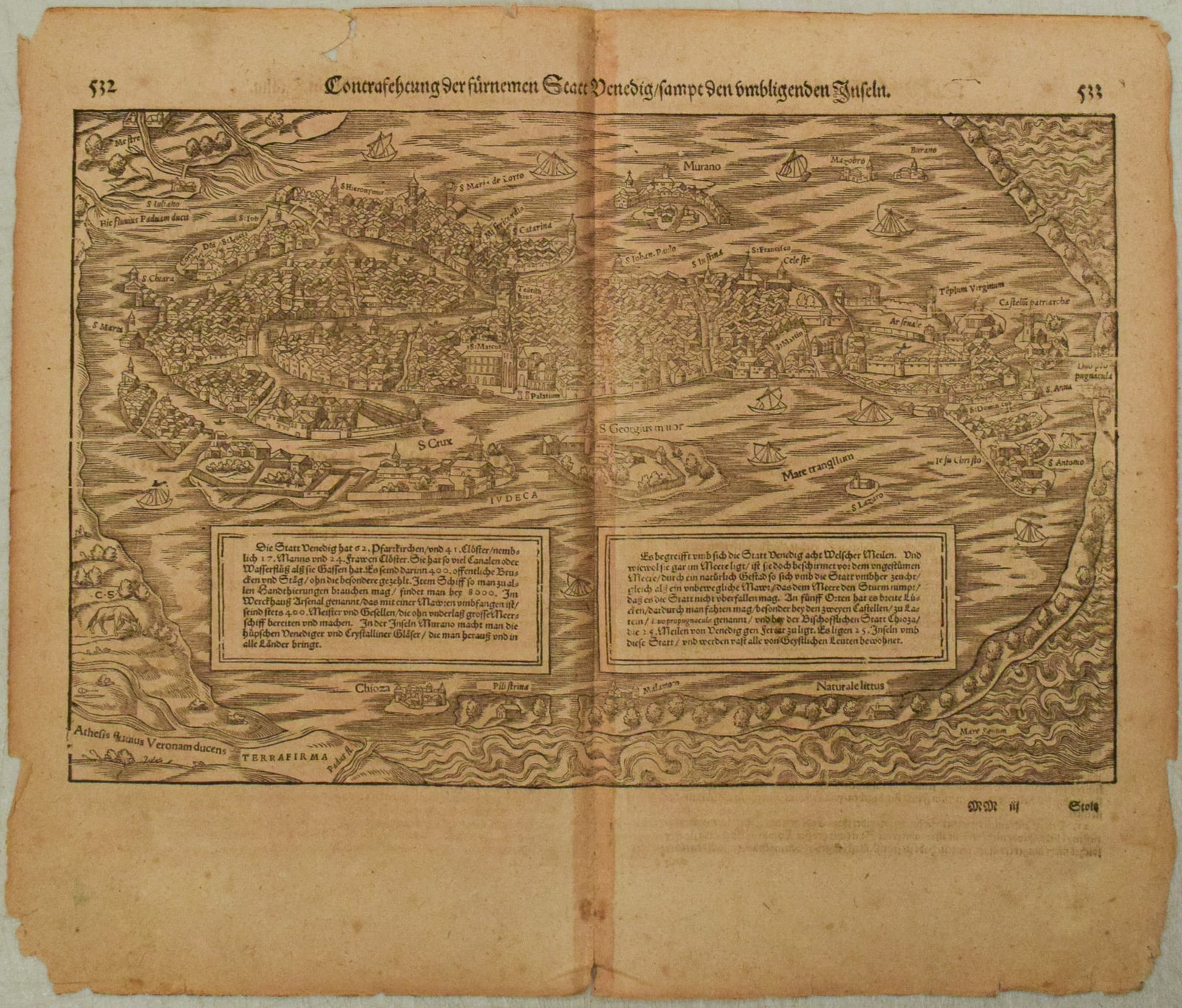 1578 Munster Map of Venice -- Contrafehtung der Furnemmen Stat Venedig/ Sampt den Umbligen den: Title:1578 Munster Map of Venice -- Contrafehtung der Furnemmen Stat Venedig/ Sampt den Umbligen den Inseln,li>Cartographer:S Munster Year/Place:1578, Basel Map Dimension (in.):9.9 X 15 in. Descriptio