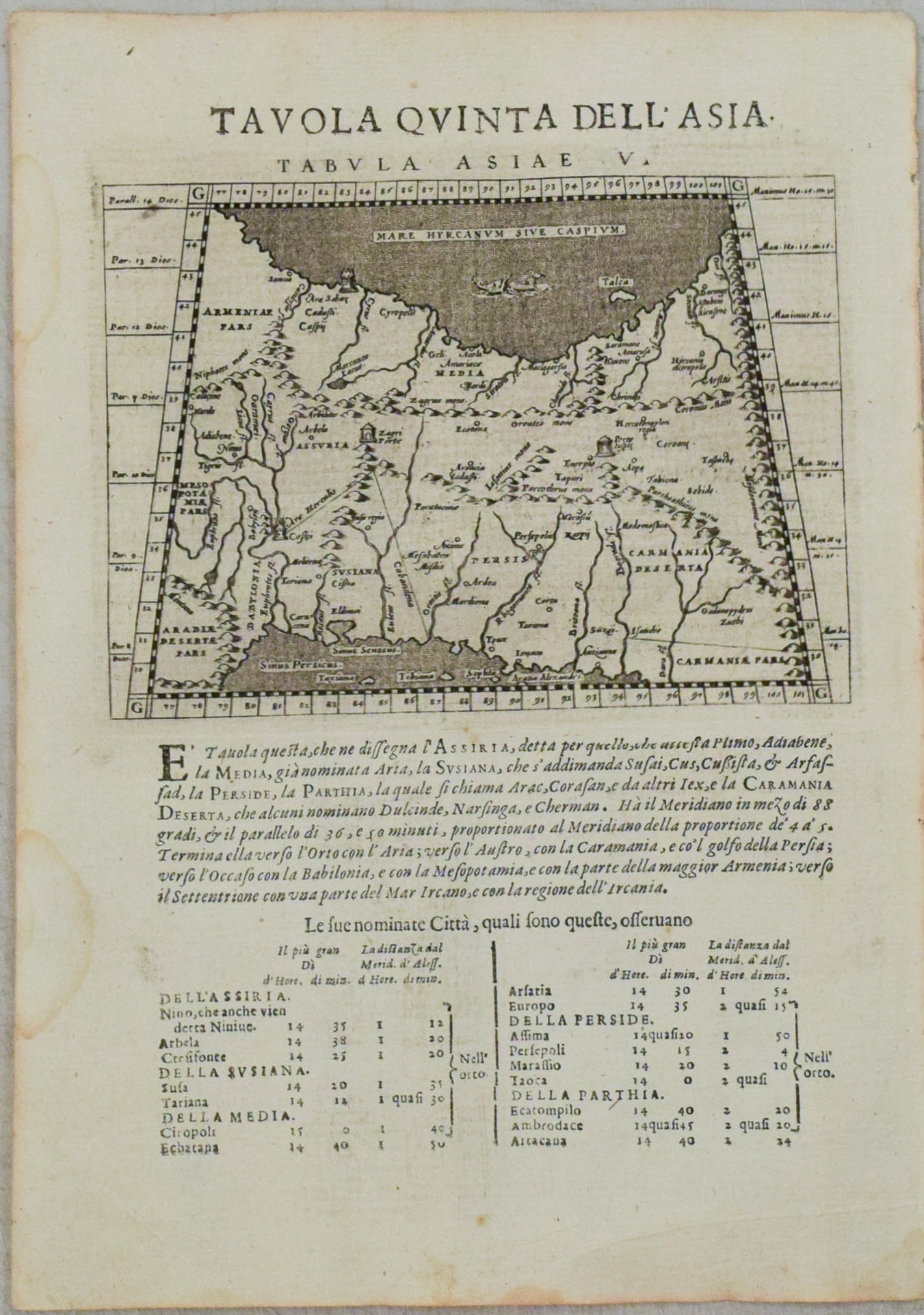 1620 or 1621 Magini Map of Persia -- Tabula Asiae V: Title:1620 or 1621 Magini Map of Persia -- Tabula Asiae V,li>Cartographer:G Magini Year/Place:1620/1 Padova Map Dimension (in.):5.2 X 7 in. Description:This Ptolemaic map, presented on a trapezoidal