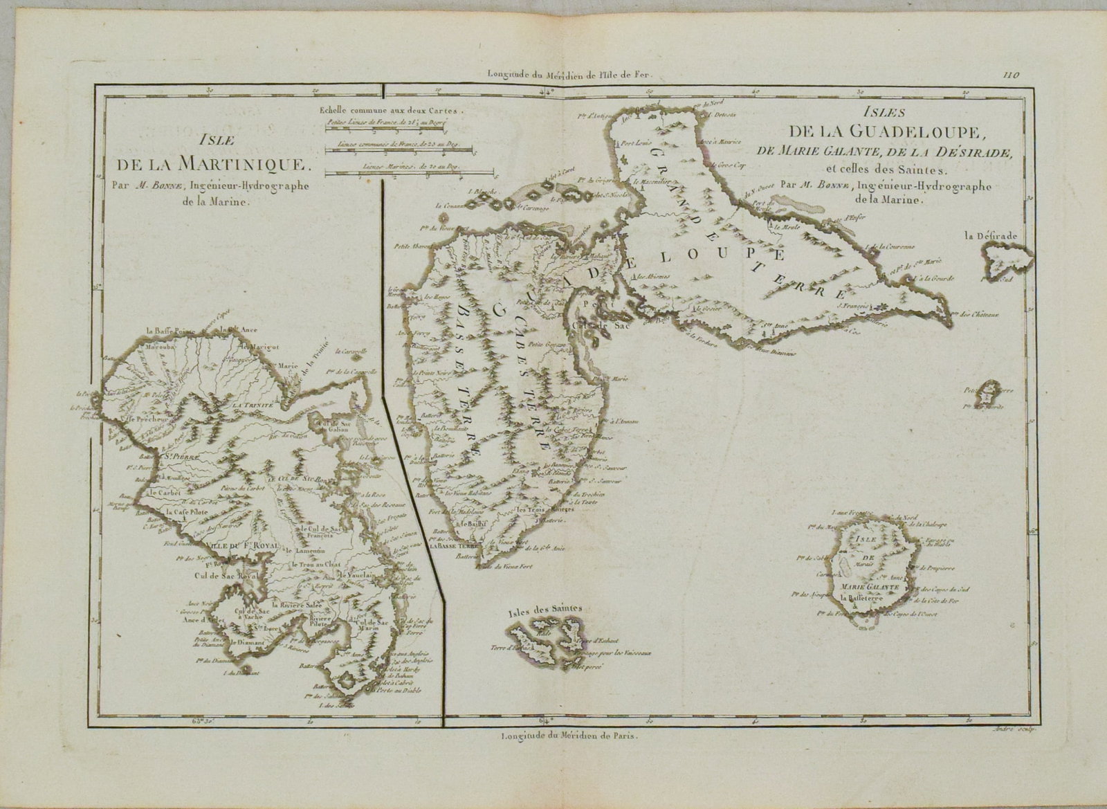 1787 Bonne Map of Martinique and Guadaloupe -- Isle de la Martinique [on sheet with] Isles de la: Title:1787 Bonne Map of Martinique and Guadaloupe -- Isle de la Martinique [on sheet with] Isles de la Guadeloupe, de Marie Galante, de la Desirade, et Celles des Saintes,li>Cartographer:R Bonne Year/