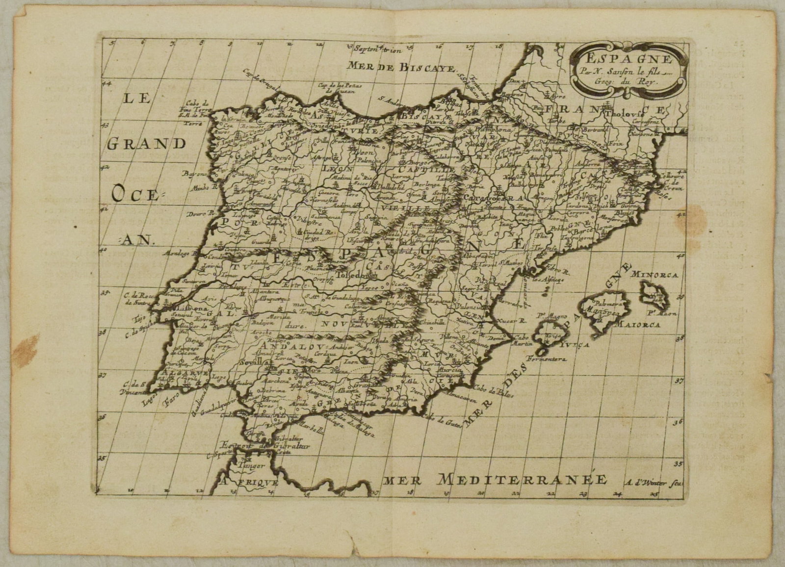 1683 Sanson Map of Iberian Peninsula -- Espagne: Title:1683 Sanson Map of Iberian Peninsula -- Espagne,li>Cartographer:N Sanson Year/Place:1683, Utrecht Map Dimension (in.):7.2 X 9.1 in. Description:This is an excellent map of the Iberin peninsula