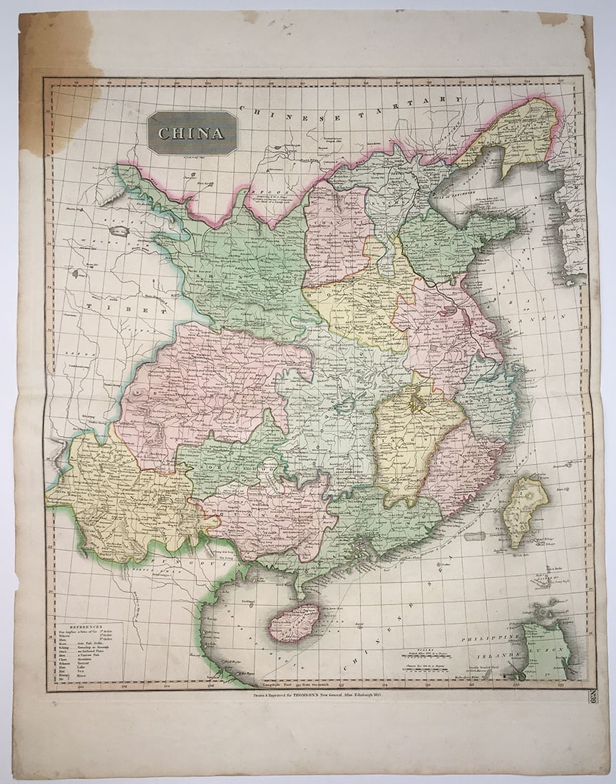 China: Publication Date:1815 Title:China,li>Cartographer:THOMSON, JOHN & CO./R. SCOTT, sculpt. Publisher:JOHN THOMSON & CO. Brief Description:Excellent detail. Large stain upper left. Height:22.5 Width:20 Re