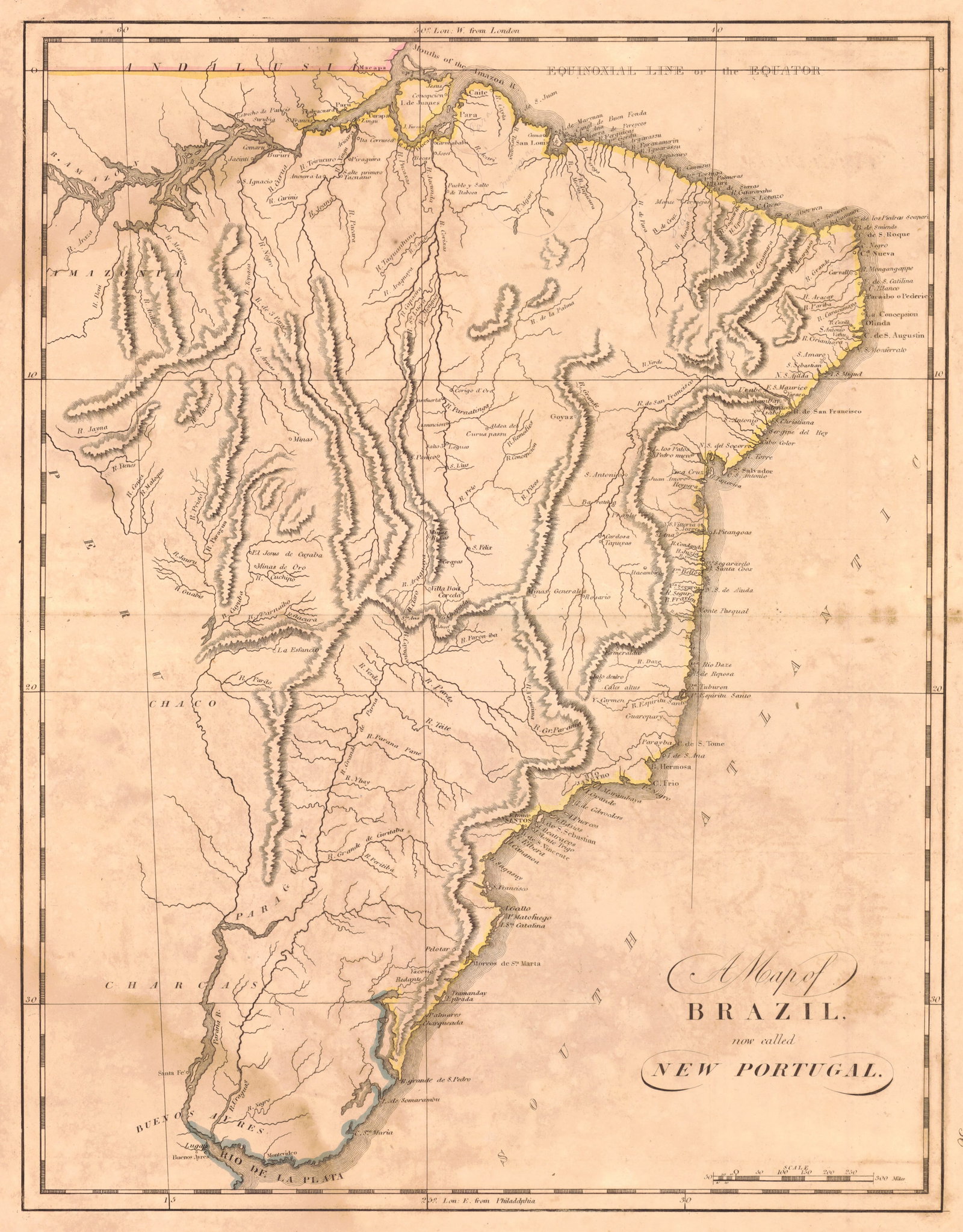 Map of Brazil,: Publication Date:1814 Title:Map of Brazil,,li>Cartographer:CAREY, MATHEW Publisher:M. CAREY Brief Description:"now called New Portugal." Original outline coloring. Browned. Waterstained. Height:17.6