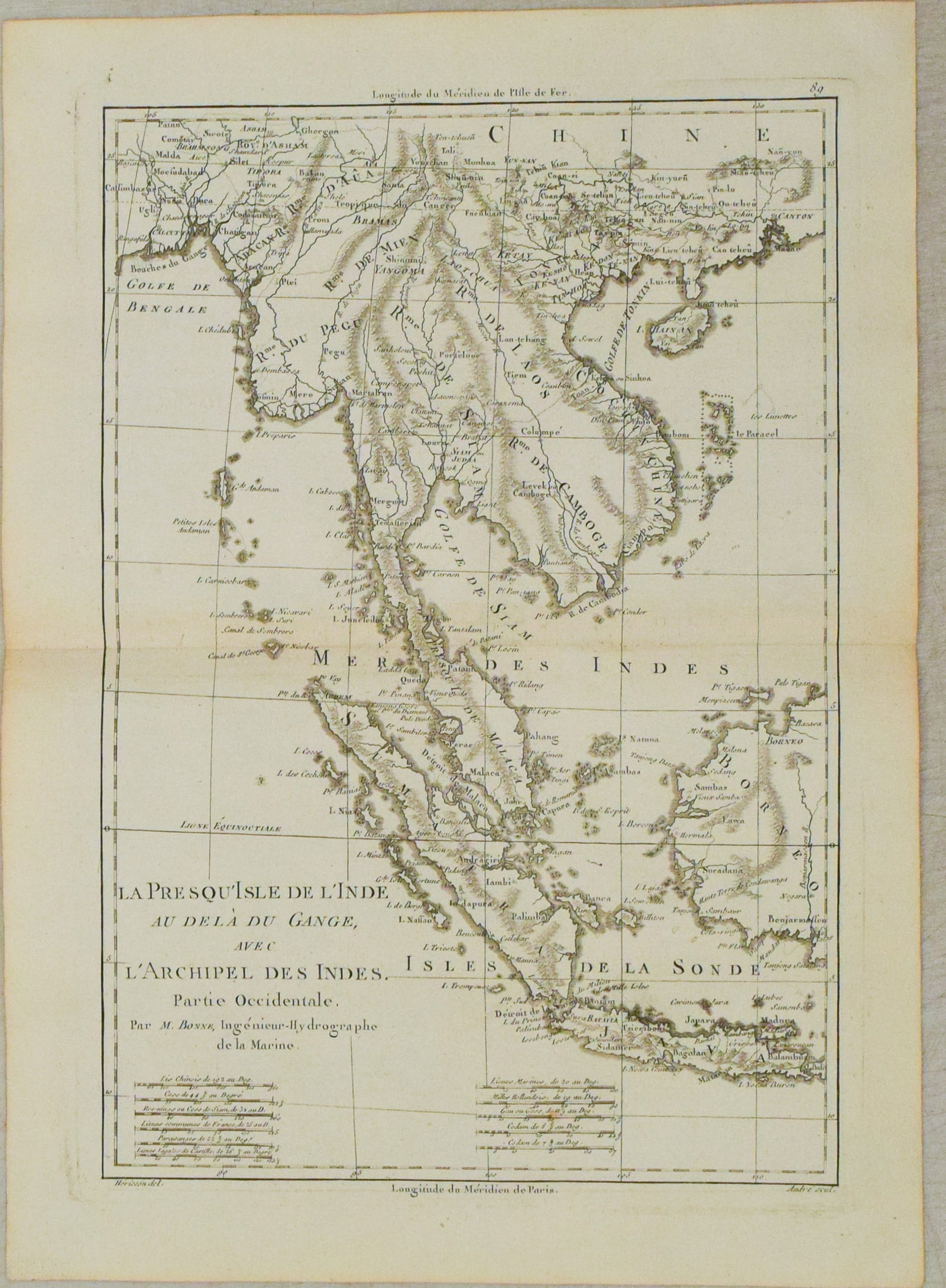 1787 Bonne Map of Southeast Asia with Indo-China-- La Presqu'Isle De L'Inde Au Dela du Gange, avec: Title:1787 Bonne Map of Southeast Asia with Indo-China-- La Presqu'Isle De L'Inde Au Dela du Gange, avec L'Arcihpel Des Indes. Partie Occidentale,li>Cartographer:R Bonne Year/Place:1787, Paris Map