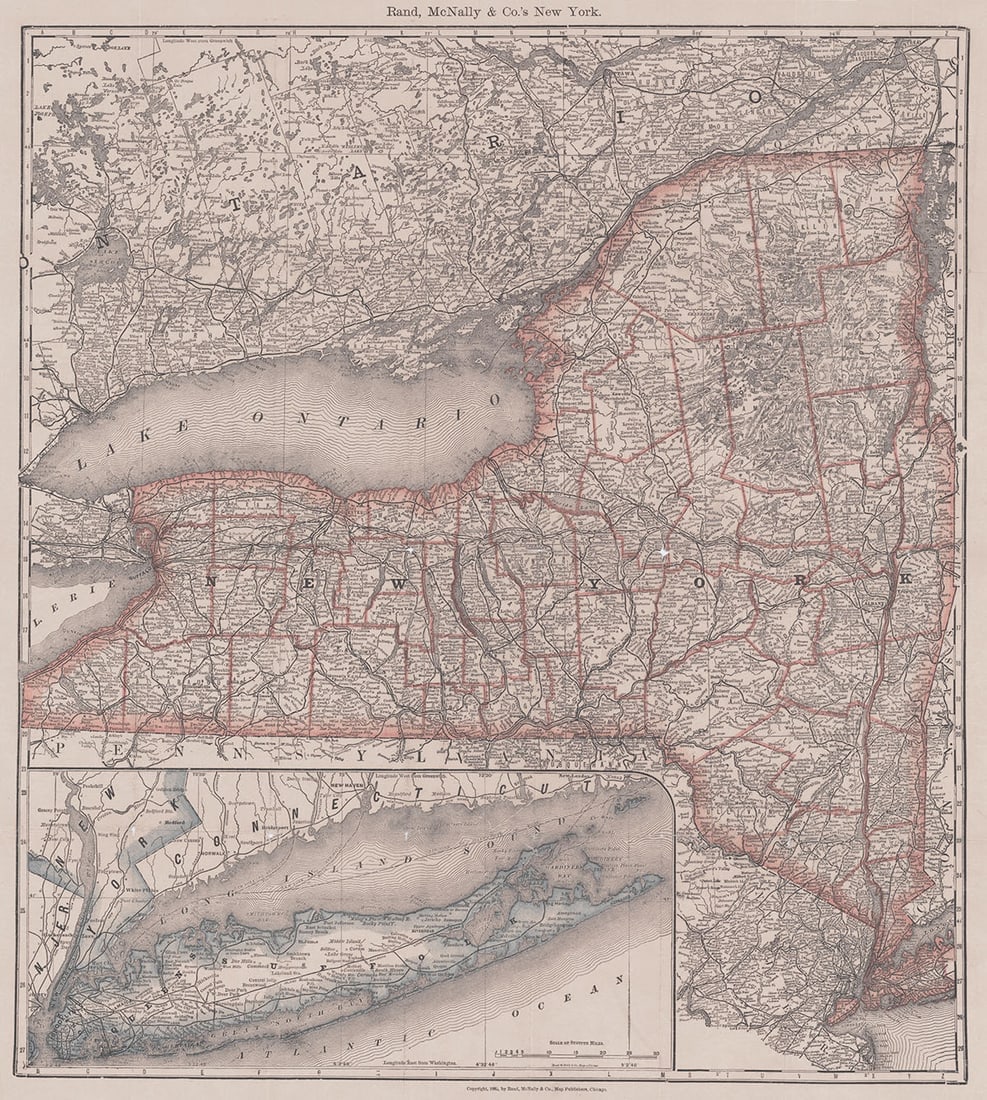 Rand, McNally & Co.'S Indexed Railroad And County Map of New York: Publication Date:1883 Title:Rand, McNally & Co.'S Indexed Railroad And County Map of New York,li>Cartographer:RAND, MCNALLY & CO. Publisher:RAND, MCNALLY & CO. Brief Description:Map detailing towns, t
