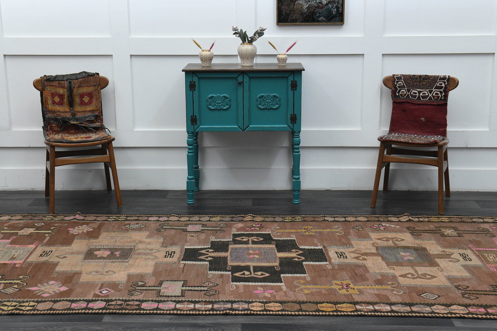 5x14 ft, TURKISH WIDE KILIM Runner: Title: 5x14 ft, TURKISH WIDE KILIM Runner Description: This Turkish one-of-a-kind Vintage Flatweave Kilim Rug is hand-knotted and handwoven by the most skilled artisans who use pure wool, in vibrant, 