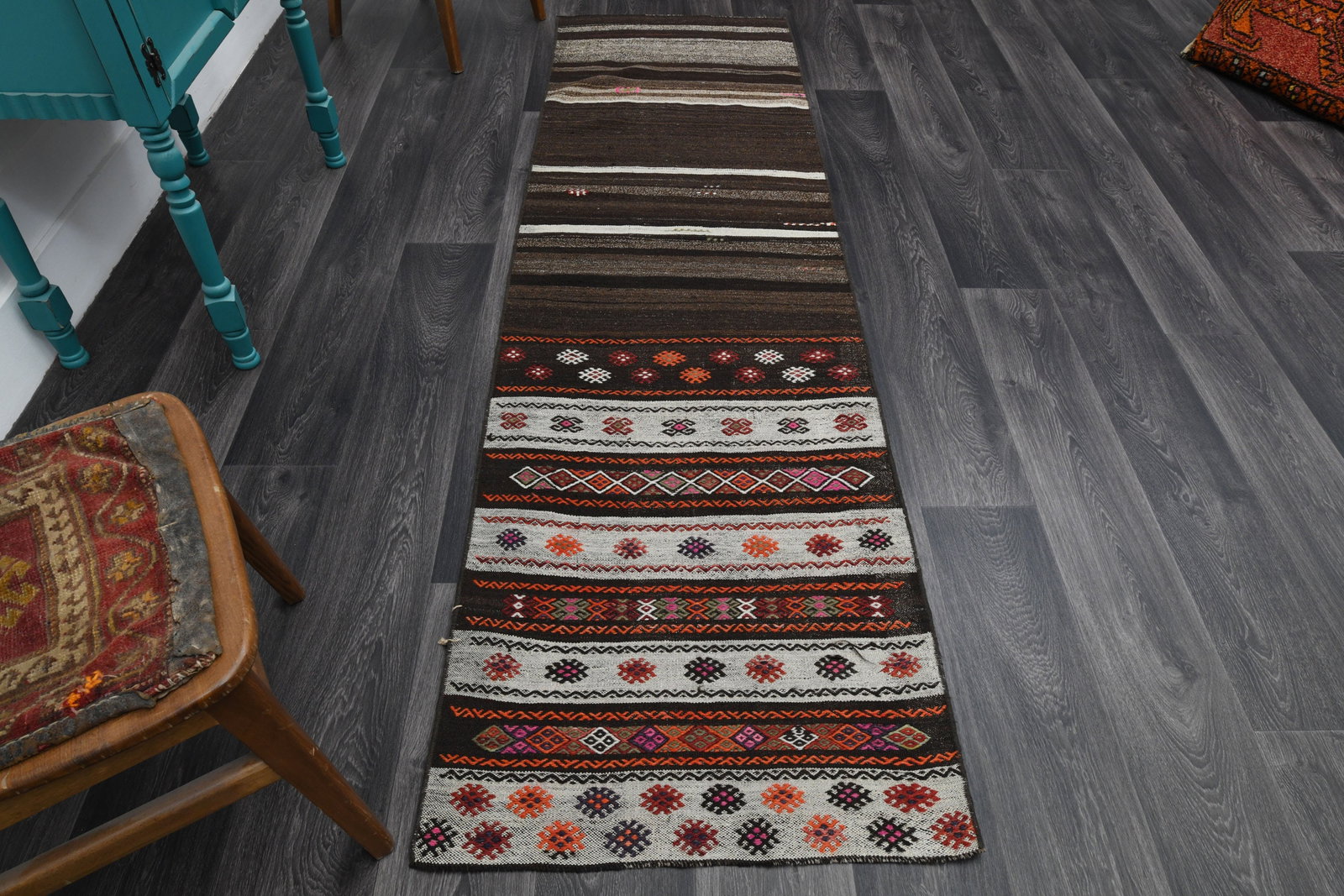 2.4x8.3 ft, TURKISH Runner: Title: 2.4x8.3 ft, TURKISH Runner Description: This Turkish one-of-a-kind Vintage Flatweave Kilim Rug is hand-knotted and handwoven by the most skilled artisans who use pure wool, in vibrant, natural