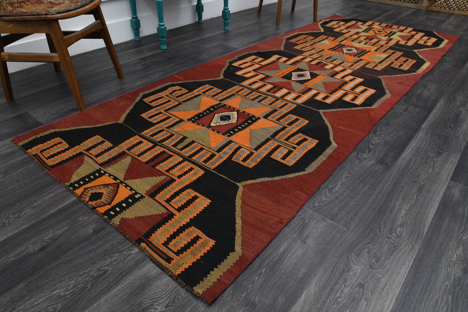 3.9x10.7 ft, Red Bohemian Kilim Rug: Title: 3.9x10.7 ft, Red Bohemian Kilim Rug Description: This Turkish one-of-a-kind Vintage Flatweave Kilim Rug is hand-knotted and handwoven by the most skilled artisans who use pure wool, in