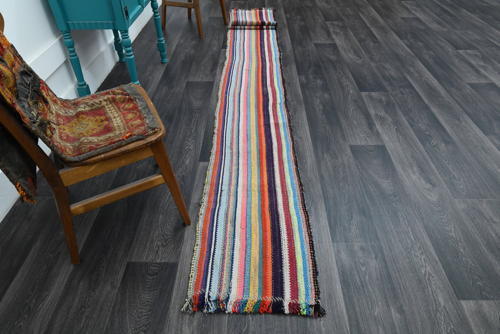 1.5x17.2 ft, HALLWAY Runner,: Title: 1.5x17.2 ft, HALLWAY Runner, Description: This Turkish one-of-a-kind Vintage Flatweave Kilim Rug is hand-knotted and handwoven by the most skilled artisans who use pure wool, in vibrant, natura