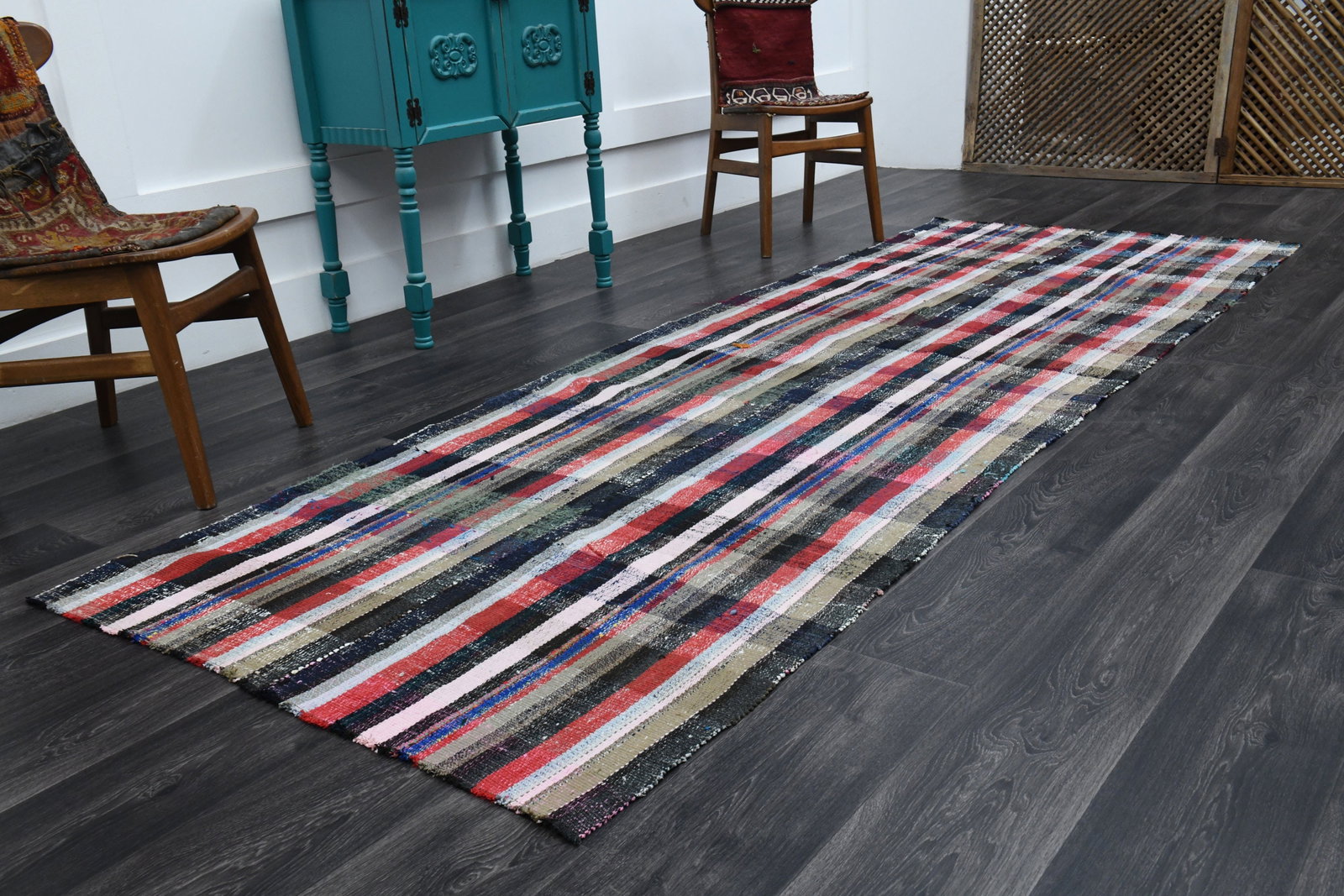 3.8x10.7 ft, TURKISH KILIM Runner: Title: 3.8x10.7 ft, TURKISH KILIM Runner Description: This Turkish one-of-a-kind Vintage Flatweave Kilim Rug is hand-knotted and handwoven by the most skilled artisans who use pure wool, in vibrant, n