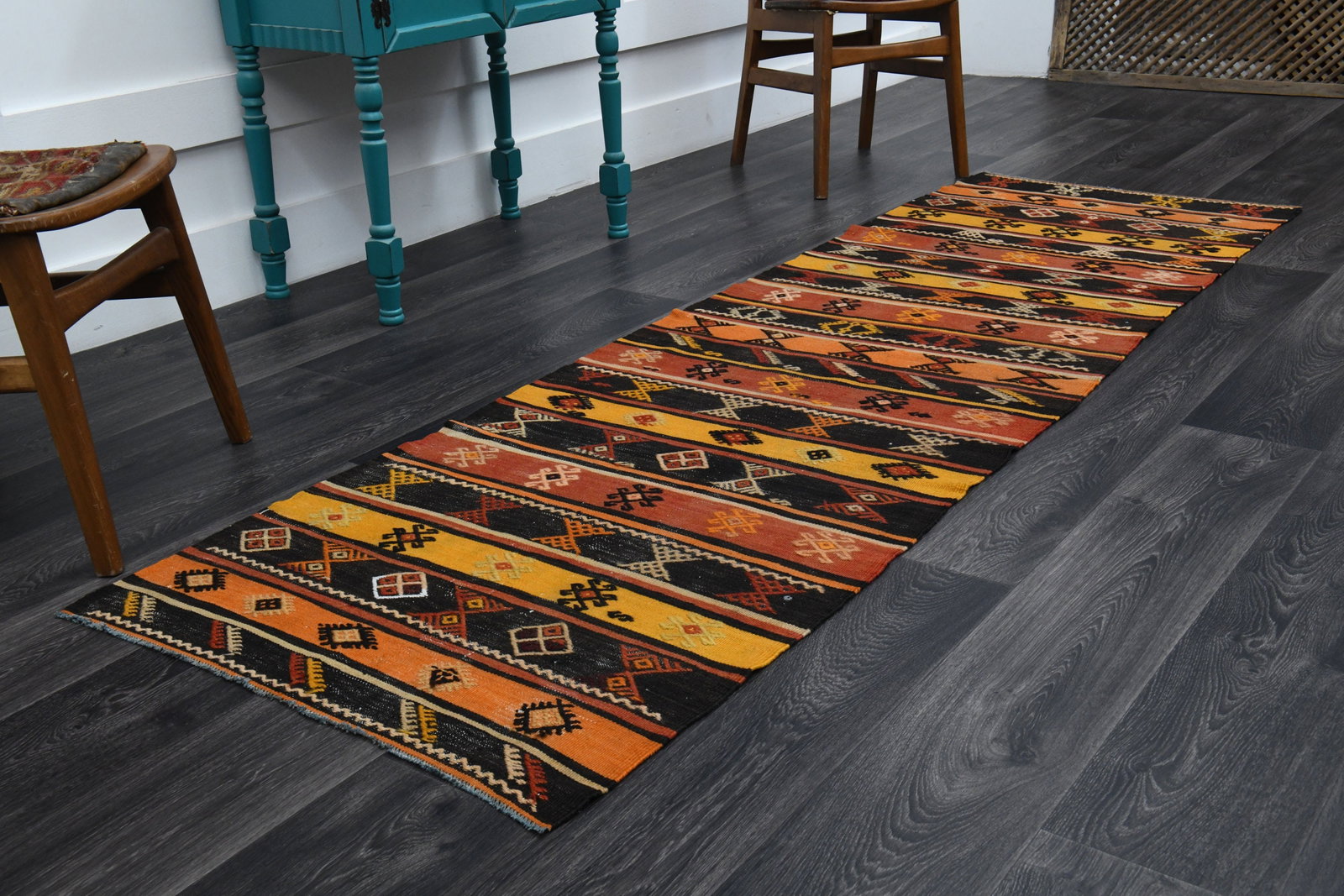 2.7x8.7 ft, TURKISH KILIM Runner: Title: 2.7x8.7 ft, TURKISH KILIM Runner Description: This Turkish one-of-a-kind Vintage Flatweave Kilim Rug is hand-knotted and handwoven by the most skilled artisans who use pure wool, in vibrant, na