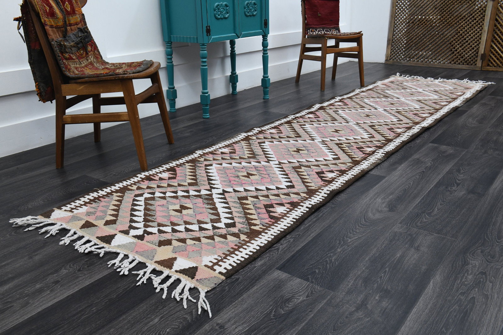 2.9x12.1 ft, TURKISH KILIM Runner: Title: 2.9x12.1 ft, TURKISH KILIM Runner Description: This Turkish one-of-a-kind Vintage Flatweave Kilim Rug is hand-knotted and handwoven by the most skilled artisans who use pure wool, in vibrant, n