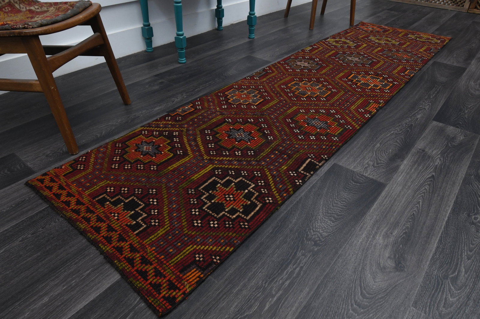 2.4x9.7 ft, TURKISH KILIM Runner: Title: 2.4x9.7 ft, TURKISH KILIM Runner Description: This Turkish one-of-a-kind Vintage Flatweave Kilim Rug is hand-knotted and handwoven by the most skilled artisans who use pure wool, in vibrant, na