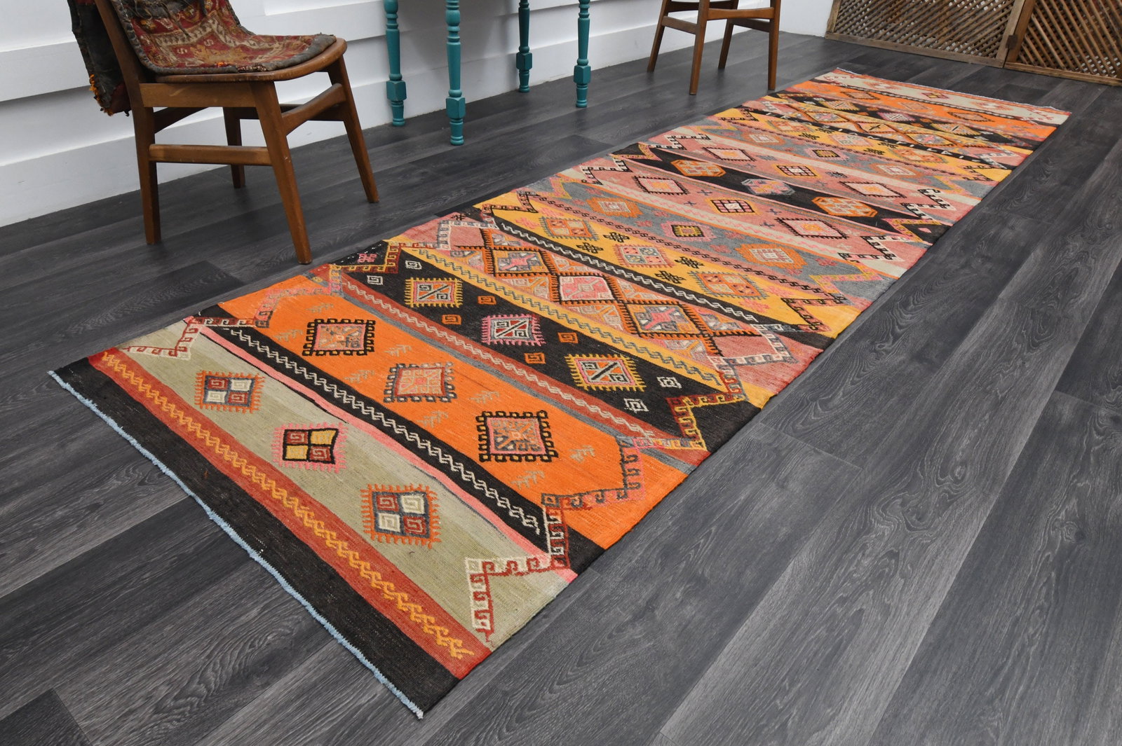 3.7x12.5 ft, TURKISH KILIM Runner: Title: 3.7x12.5 ft, TURKISH KILIM Runner Description: This Turkish one-of-a-kind Vintage Flatweave Kilim Rug is hand-knotted and handwoven by the most skilled artisans who use pure wool, in vibrant, n