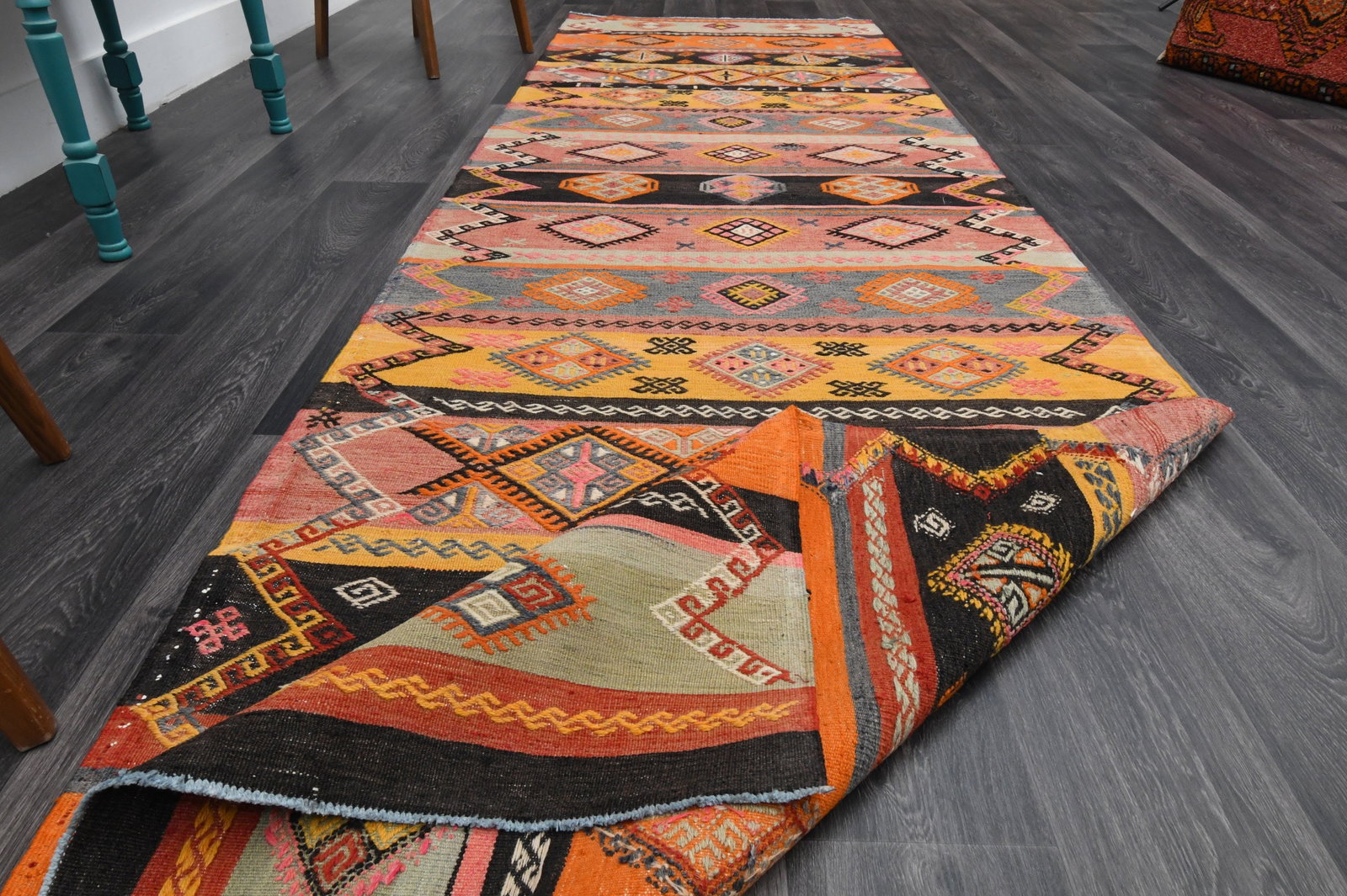 3.7x12.5 ft, TURKISH KILIM Runner - 8