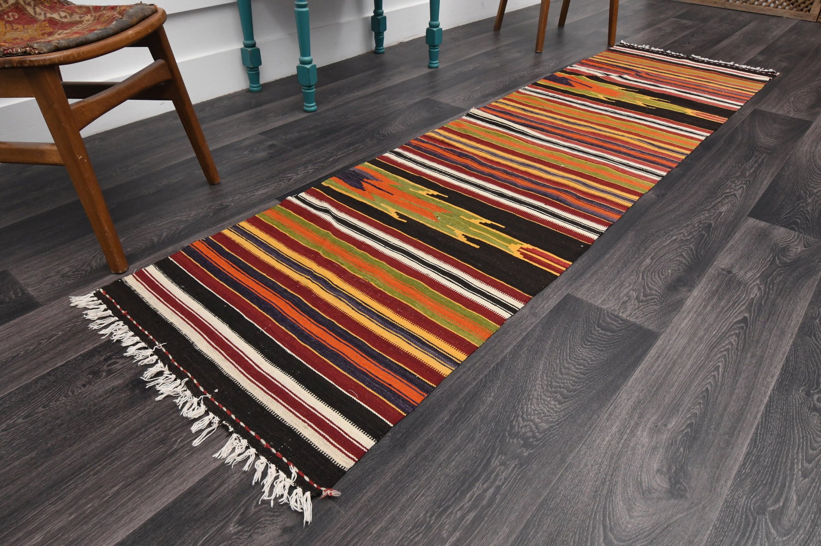 2.4x8.9 ft, TURKISH Rug Runner: Title: 2.4x8.9 ft, TURKISH Rug Runner Description: This Turkish one-of-a-kind Vintage Flatweave Kilim Rug is hand-knotted and handwoven by the most skilled artisans who use pure wool, in vibrant, natu
