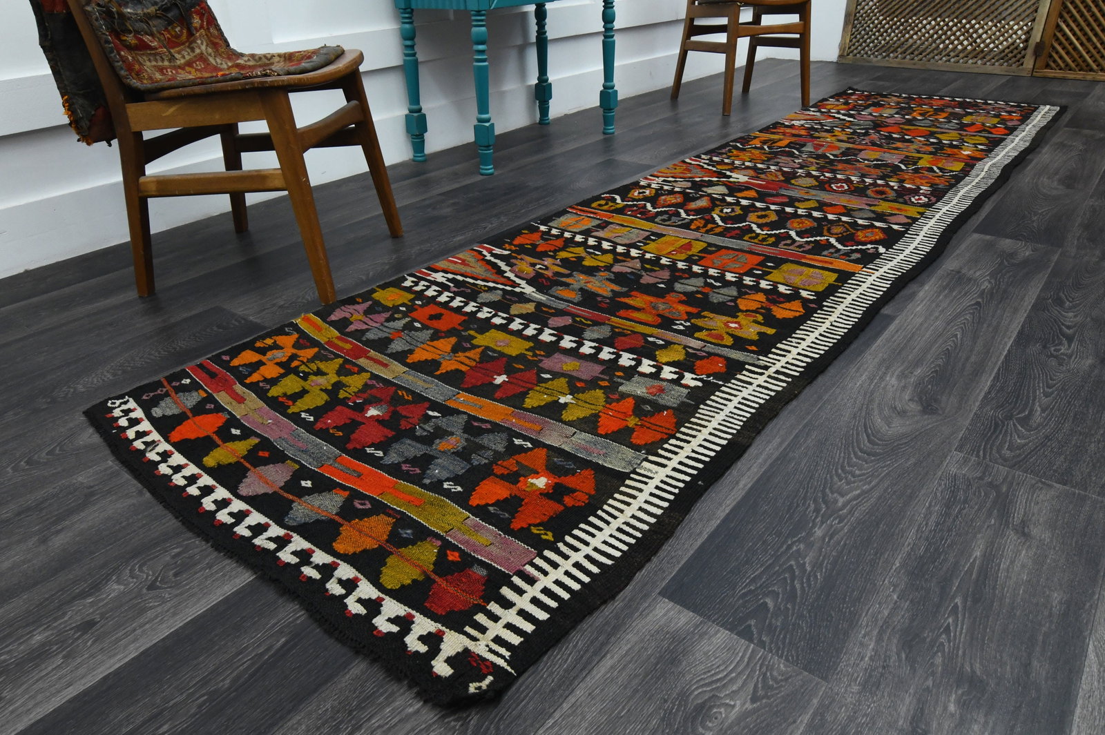 3.1x12 ft, TURKISH KILIM Runner: Title: 3.1x12 ft, TURKISH KILIM Runner Description: This Turkish one-of-a-kind Vintage Flatweave Kilim Rug is hand-knotted and handwoven by the most skilled artisans who use pure wool, in vibrant, nat