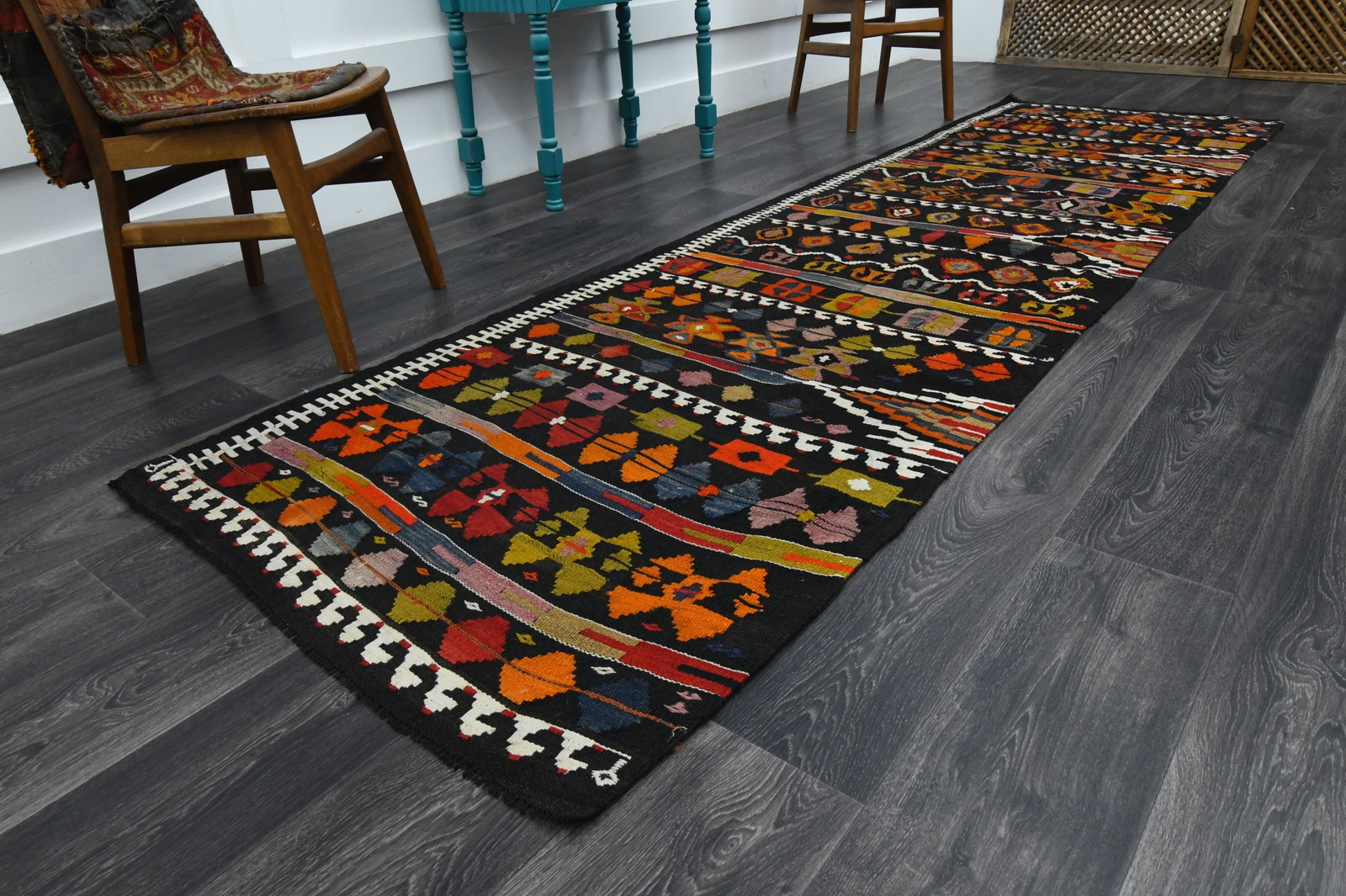 3.3x11.5 ft, TURKISH KILIM Runner: Title: 3.3x11.5 ft, TURKISH KILIM Runner Description: This Turkish one-of-a-kind Vintage Flatweave Kilim Rug is hand-knotted and handwoven by the most skilled artisans who use pure wool, in vibrant, n