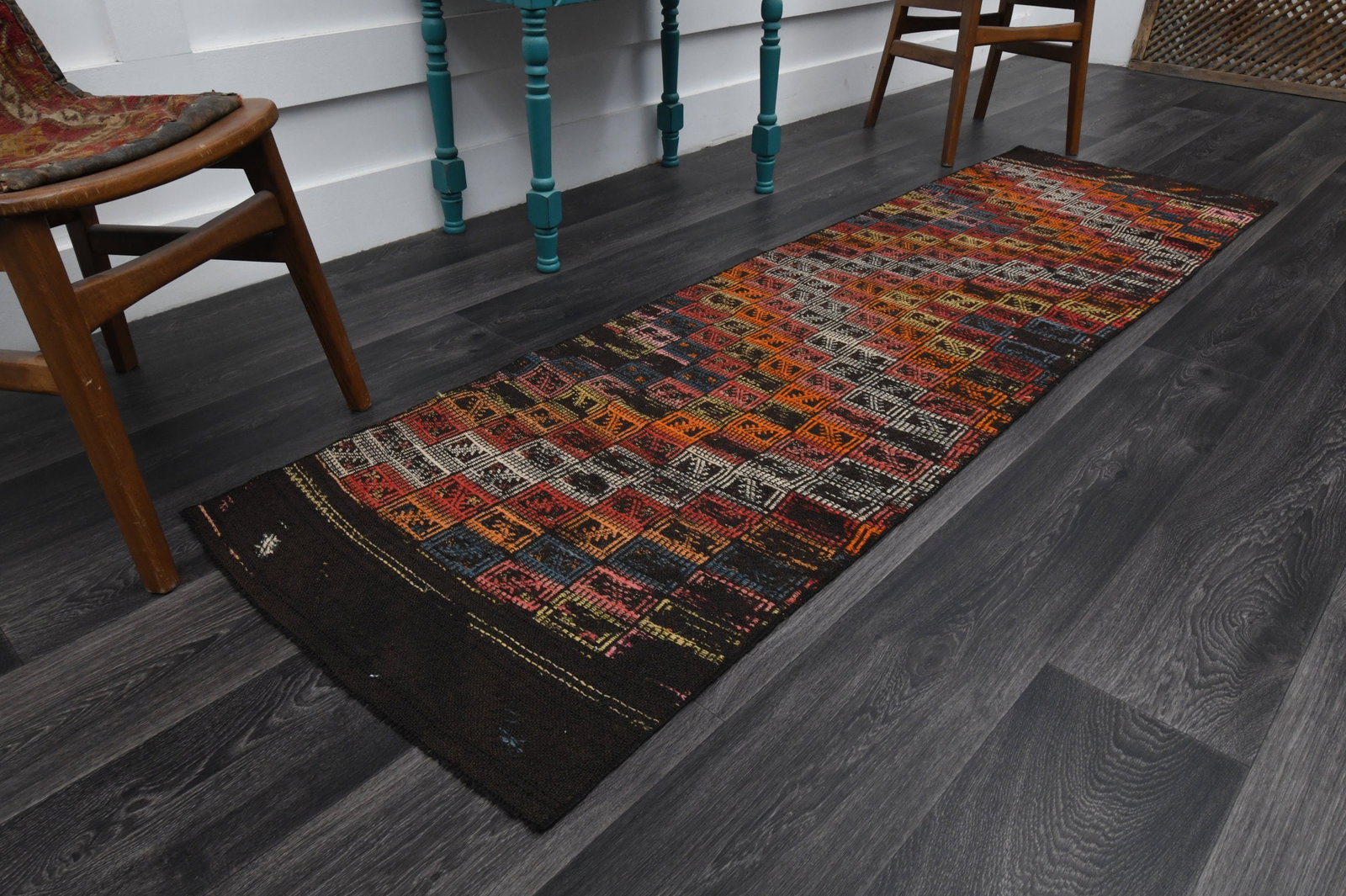2.3x8 ft, TURKISH KILIM Runner: Title: 2.3x8 ft, TURKISH KILIM Runner Description: This Turkish one-of-a-kind Vintage Flatweave Kilim Rug is hand-knotted and handwoven by the most skilled artisans who use pure wool, in vibrant, natu