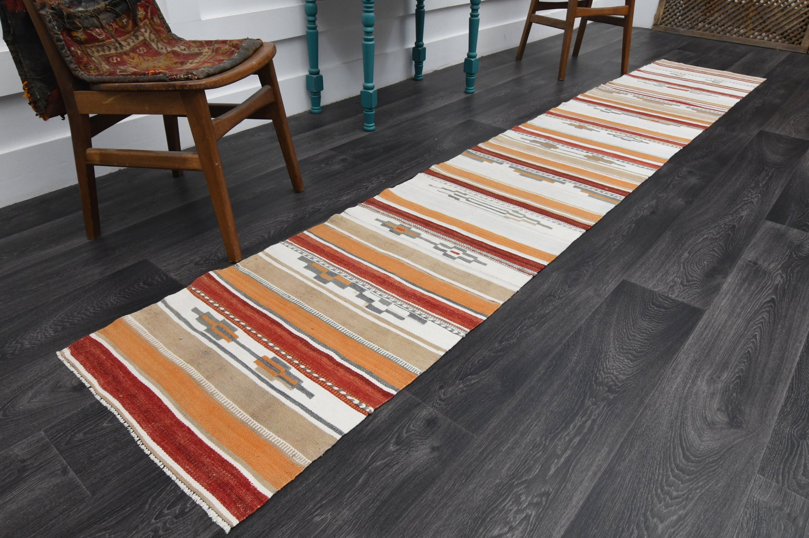 2x11.5 ft, TURKISH Rug Runner: Title: 2x11.5 ft, TURKISH Rug Runner Description: This Turkish one-of-a-kind Vintage Flatweave Kilim Rug is hand-knotted and handwoven by the most skilled artisans who use pure wool, in vibrant, natur