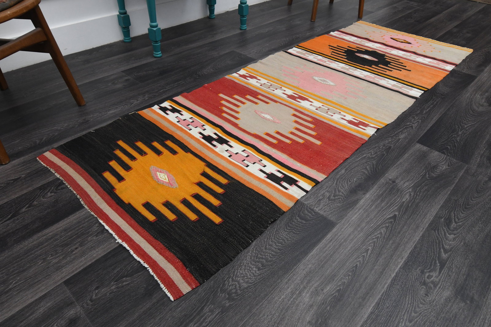2.7x7.9 ft, IKAT KILIM Runner: Title: 2.7x7.9 ft, IKAT KILIM Runner Description: This Turkish one-of-a-kind Vintage Flatweave Kilim Rug is hand-knotted and handwoven by the most skilled artisans who use pure wool, in vibrant,
