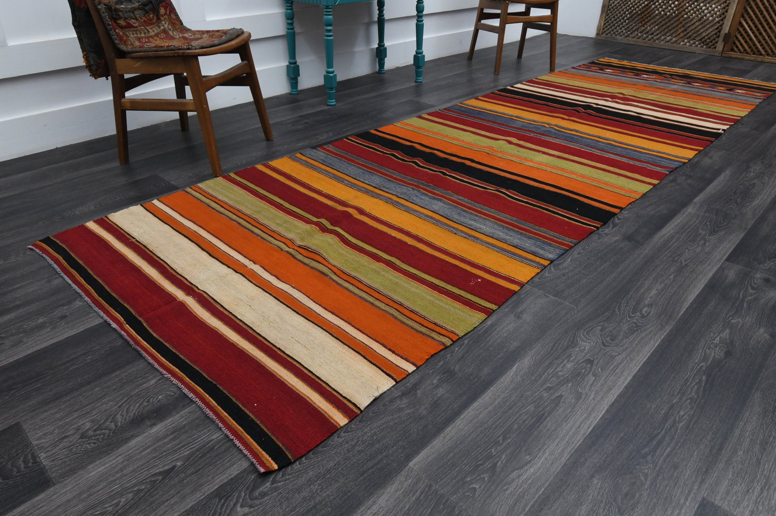 4.1x12.7 ft, TURKISH KILIM Runner: Title: 4.1x12.7 ft, TURKISH KILIM Runner Description: This Turkish one-of-a-kind Vintage Flatweave Kilim Rug is hand-knotted and handwoven by the most skilled artisans who use pure wool, in vibrant, n