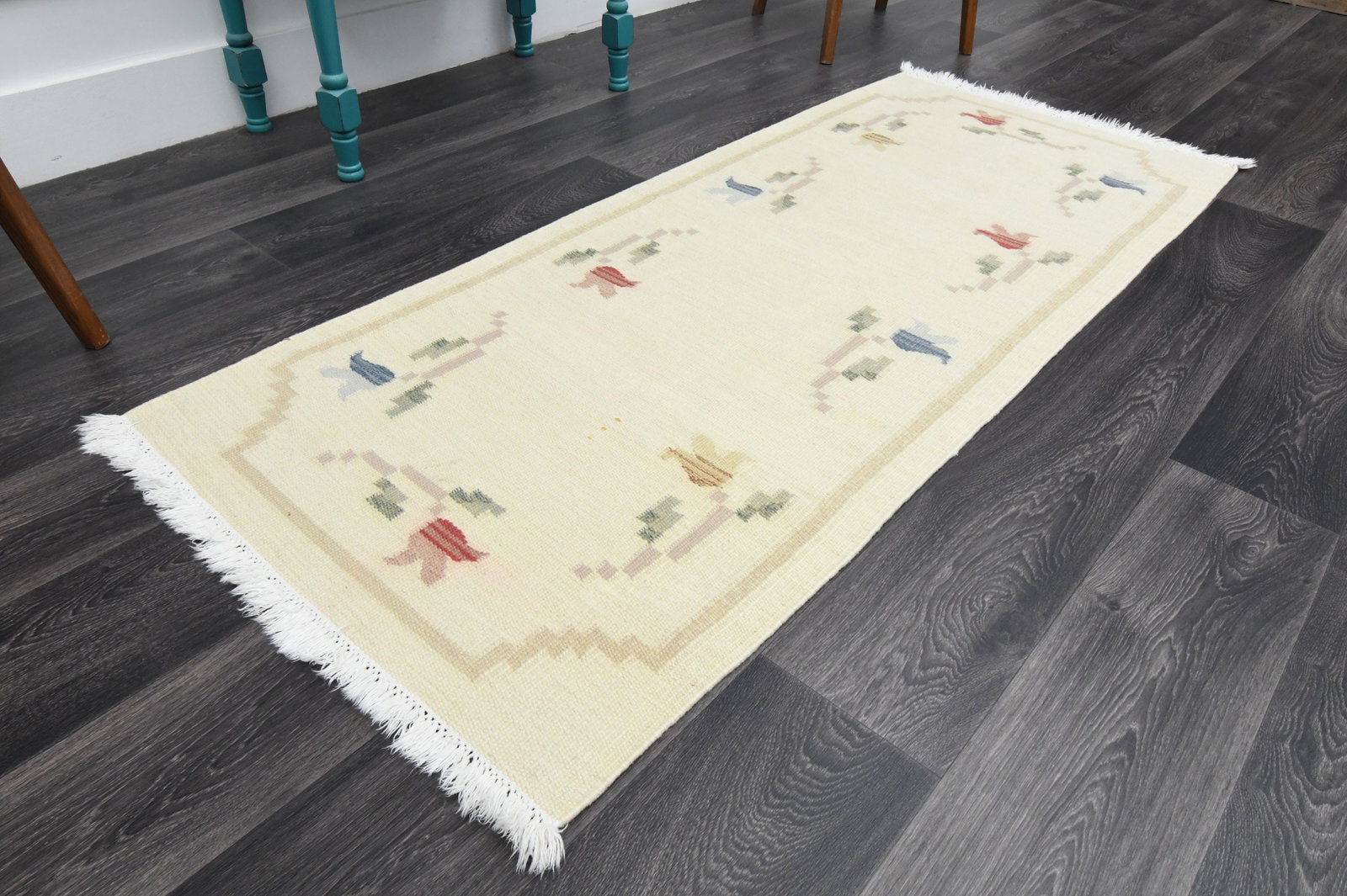 2.7x6.3 ft, TURKISH KILIM Runner: Title: 2.7x6.3 ft, TURKISH KILIM Runner Description: This Turkish one-of-a-kind Vintage Flatweave Kilim Rug is hand-knotted and handwoven by the most skilled artisans who use pure wool, in vibrant, na