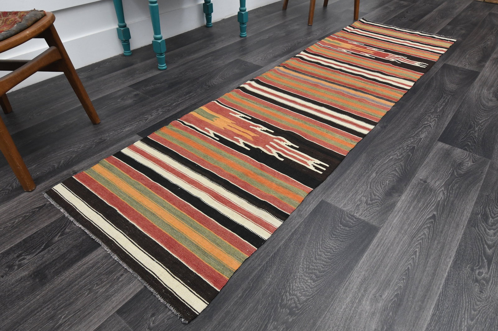 2.4x8.4 ft, TURKISH KILIM Runner: Title: 2.4x8.4 ft, TURKISH KILIM Runner Description: This Turkish one-of-a-kind Vintage Flatweave Kilim Rug is hand-knotted and handwoven by the most skilled artisans who use pure wool, in vibrant, na