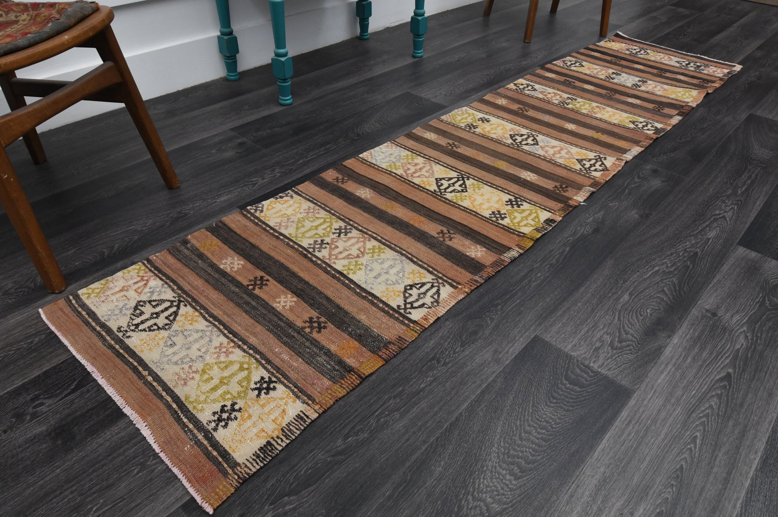 2x8.7 ft, TURKISH Rug Runner: Title: 2x8.7 ft, TURKISH Rug Runner Description: This Turkish one-of-a-kind Vintage Flatweave Kilim Rug is hand-knotted and handwoven by the most skilled artisans who use pure wool, in vibrant, natura