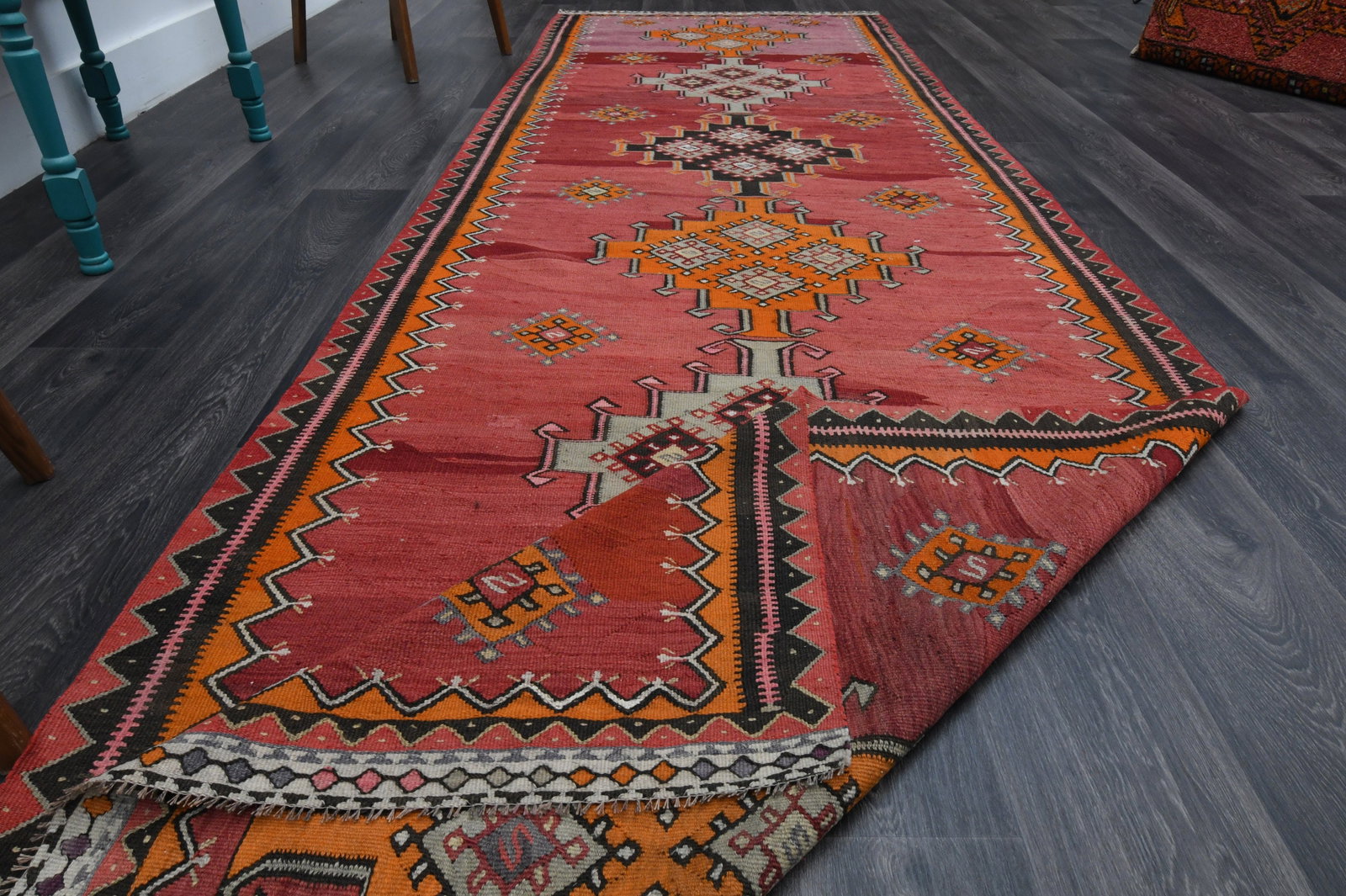 4.1x13 ft, TURKISH KILIM Runner: Title: 4.1x13 ft, TURKISH KILIM Runner Description: This Turkish one-of-a-kind Vintage Flatweave Kilim Rug is hand-knotted and handwoven by the most skilled artisans who use pure wool, in vibrant, nat