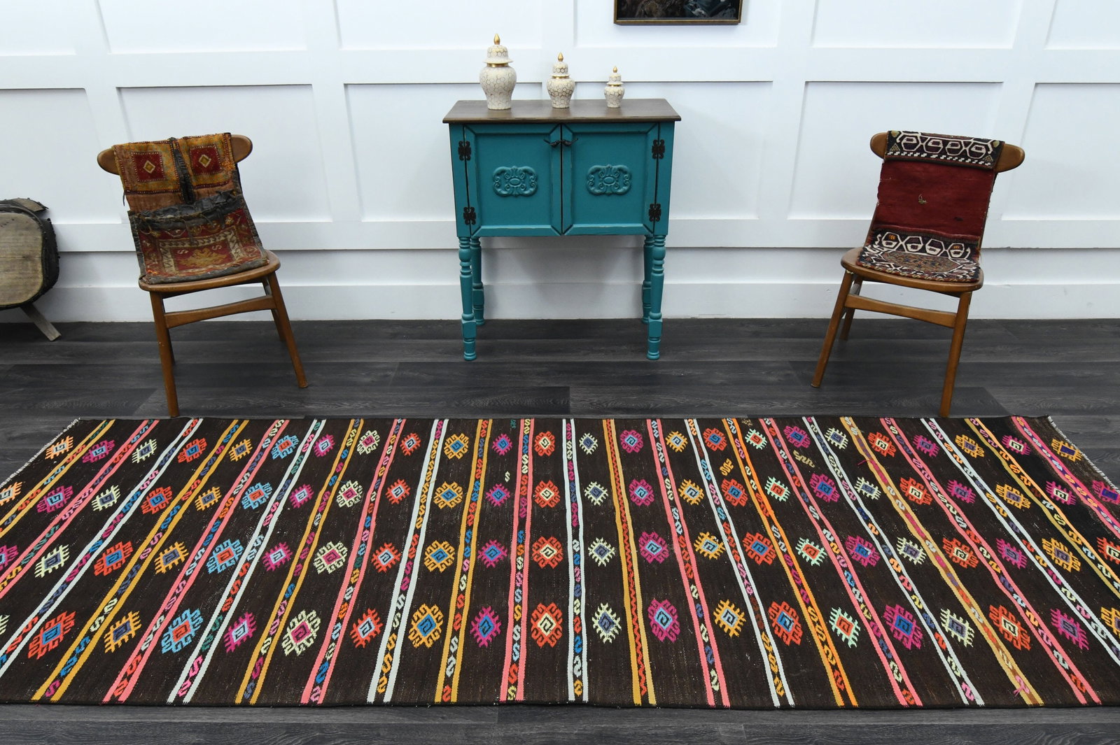 3.7x10.7 ft, Black Bohemian Kilim Rug - 2