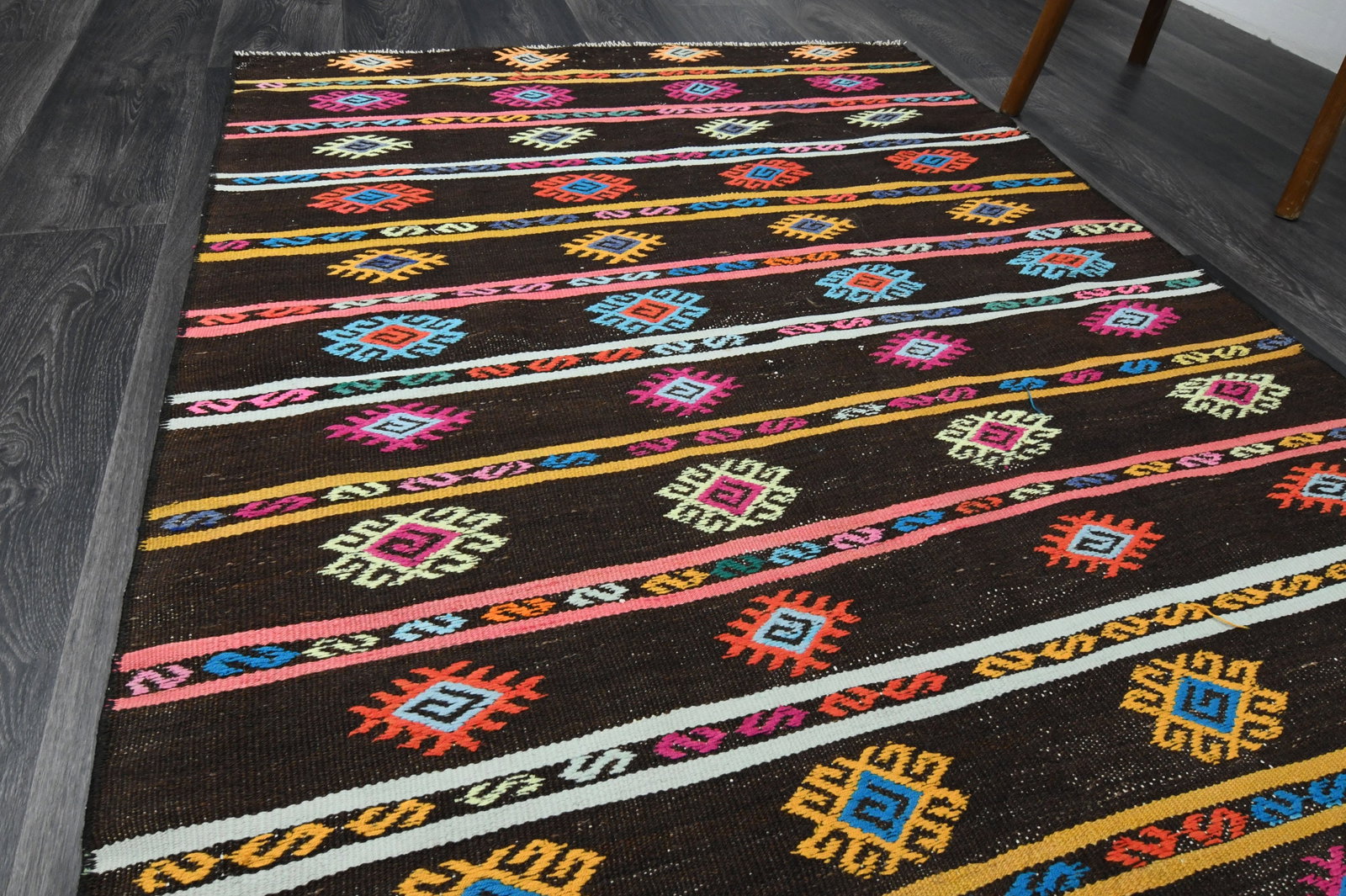 3.7x10.7 ft, Black Bohemian Kilim Rug - 3