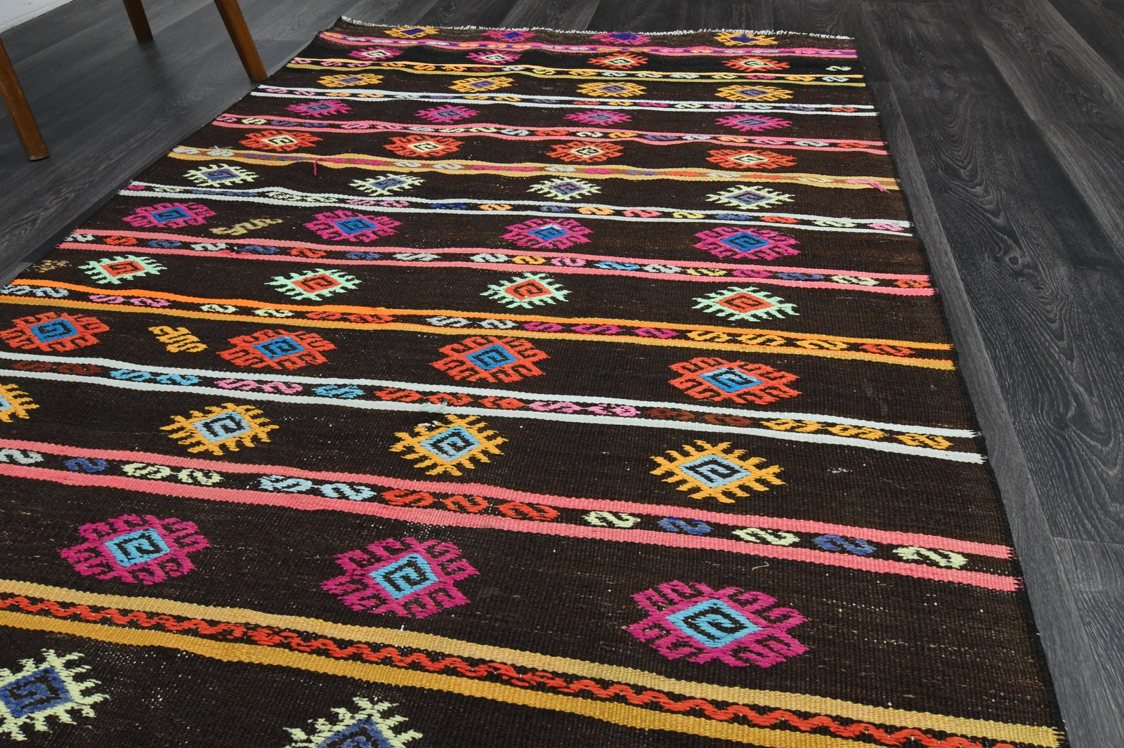 3.7x10.7 ft, Black Bohemian Kilim Rug - 4