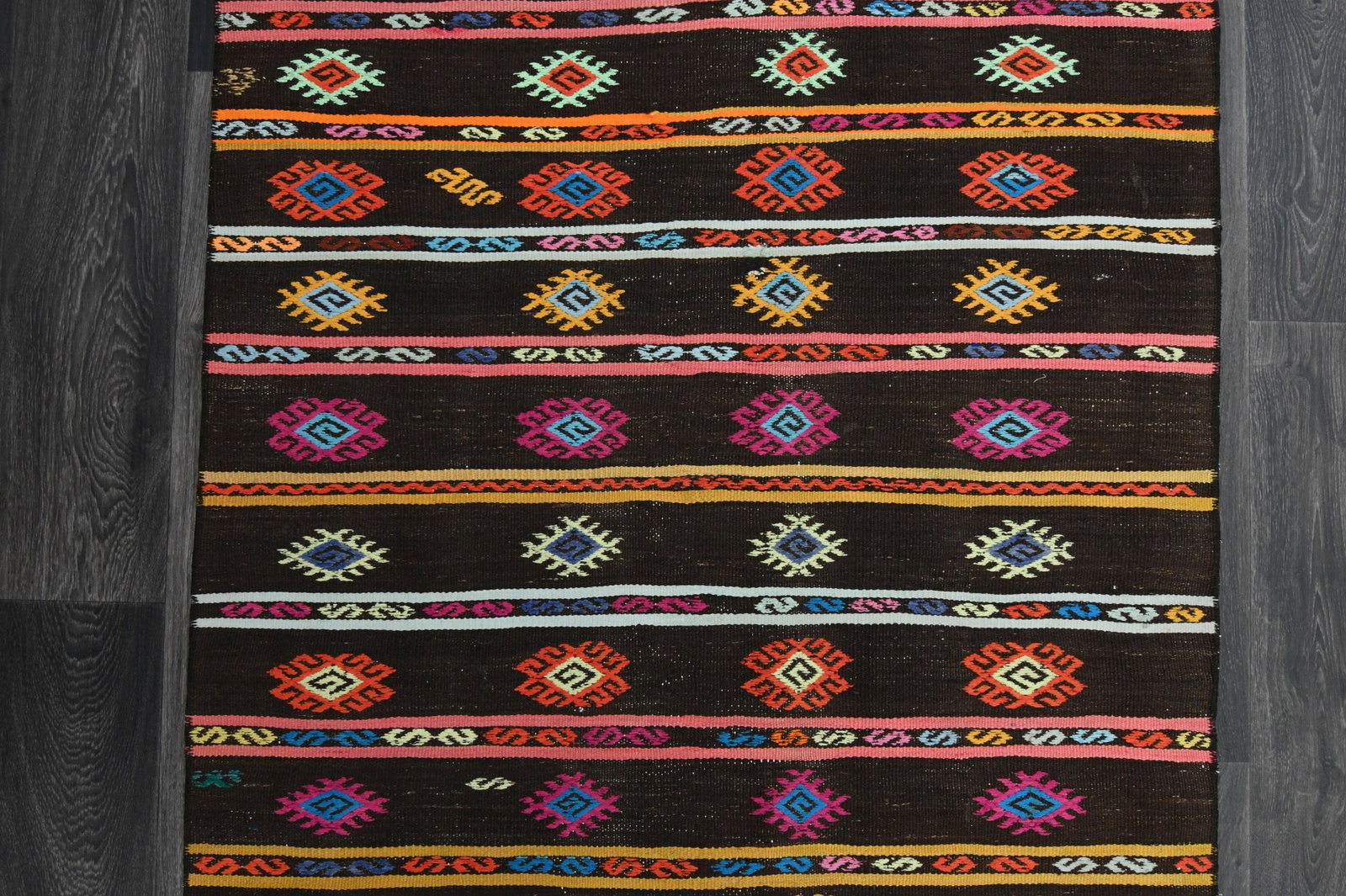 3.7x10.7 ft, Black Bohemian Kilim Rug - 5