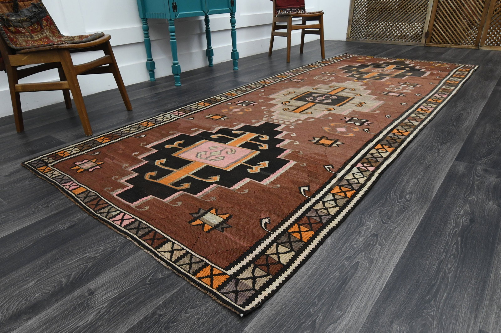 4.5x11.1 ft, Bohemian Kilim Rug Runner: Title: 4.5x11.1 ft, Bohemian Kilim Rug Runner Description: This Turkish one-of-a-kind Vintage Flatweave Kilim Rug is hand-knotted and handwoven by the most skilled artisans who use pure wool, in vibra