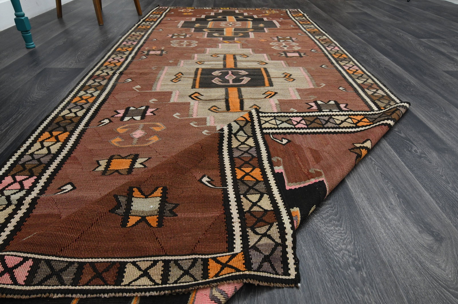 4.5x11.1 ft, Bohemian Kilim Rug Runner - 8