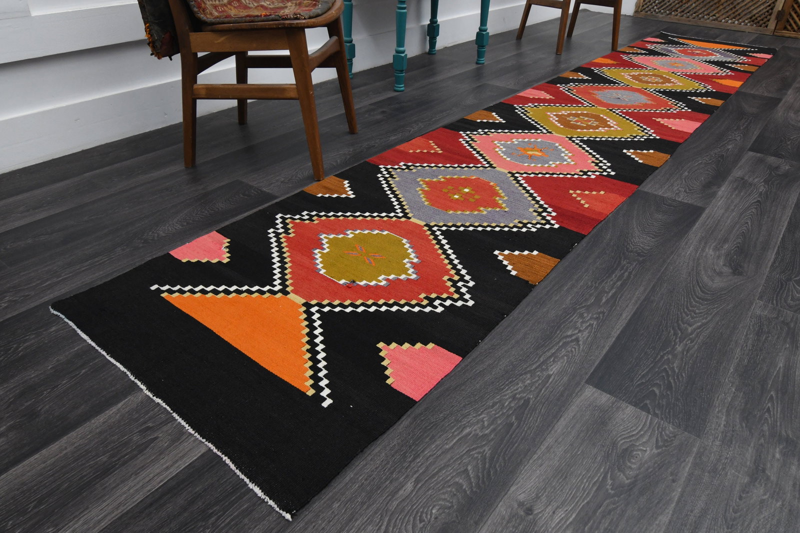 2.5x13.7 ft, TURKISH Rug Runner: Title: 2.5x13.7 ft, TURKISH Rug Runner Description: This Turkish one-of-a-kind Vintage Flatweave Kilim Rug is hand-knotted and handwoven by the most skilled artisans who use pure wool, in vibrant, nat