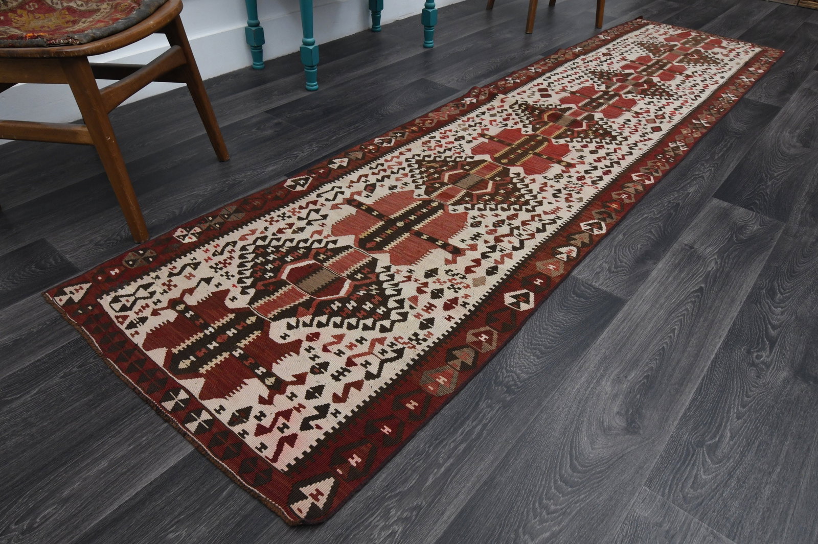 2.8x10.3 ft, TURKISH KILIM Runner: Title: 2.8x10.3 ft, TURKISH KILIM Runner Description: This Turkish one-of-a-kind Vintage Flatweave Kilim Rug is hand-knotted and handwoven by the most skilled artisans who use pure wool, in vibrant, n
