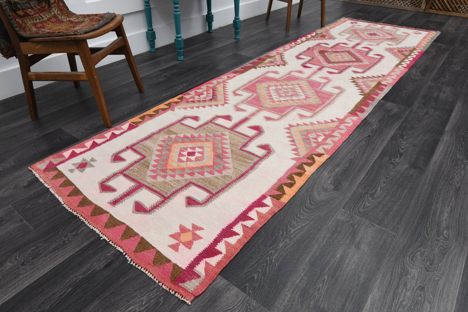 3.3x11.4 ft, TURKISH KILIM Runner: Title: 3.3x11.4 ft, TURKISH KILIM Runner Description: This Turkish one-of-a-kind Vintage Flatweave Kilim Rug is hand-knotted and handwoven by the most skilled artisans who use pure wool, in vibrant, n