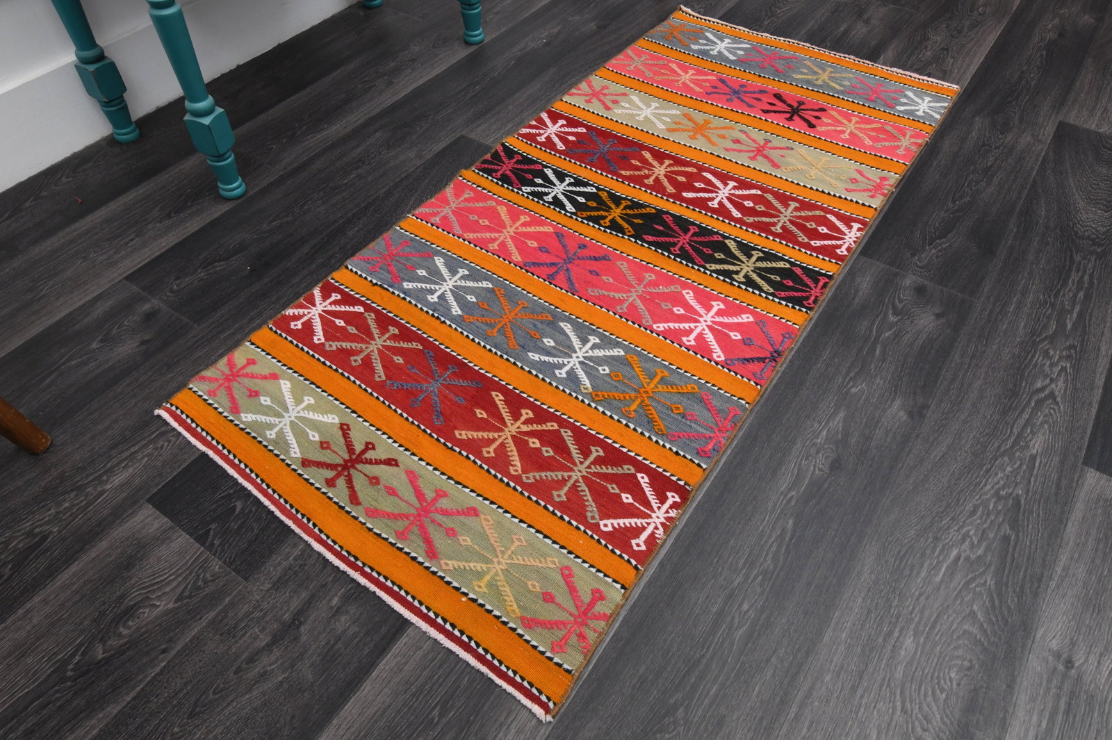 2.3x5.1 ft, SMALL KILIM RUNNER: Title: 2.3x5.1 ft, SMALL KILIM RUNNER Description: This Turkish one-of-a-kind Vintage Flatweave Kilim Rug is hand-knotted and handwoven by the most skilled artisans who use pure wool, in vibrant, natu