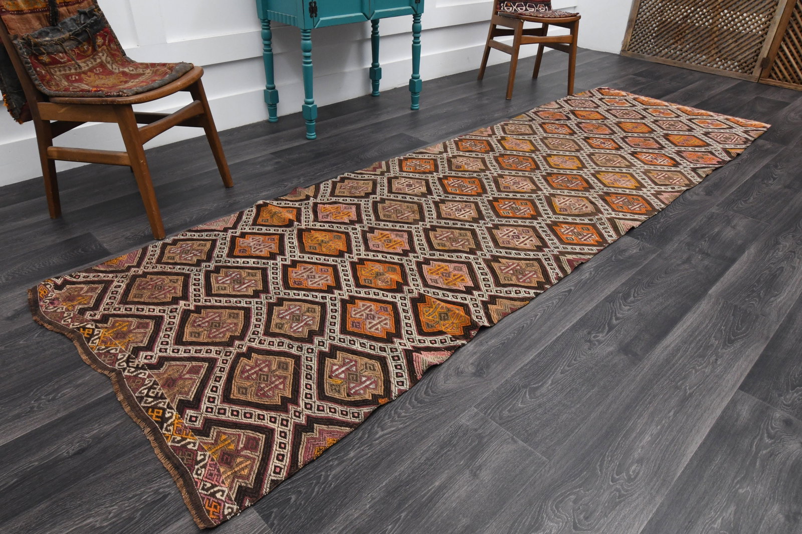 3.4x11.2 ft, TURKISH KILIM Runner: Title: 3.4x11.2 ft, TURKISH KILIM Runner Description: This Turkish one-of-a-kind Vintage Flatweave Kilim Rug is hand-knotted and handwoven by the most skilled artisans who use pure wool, in vibrant, n