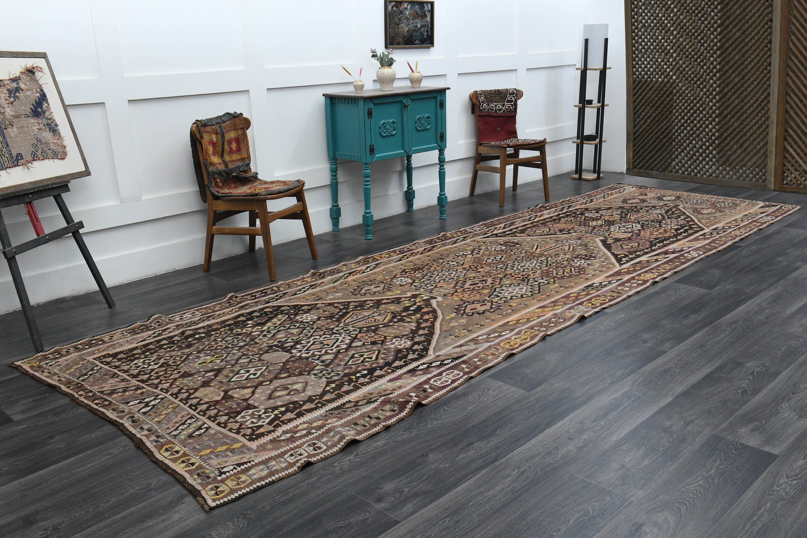 5x16 Brown Black Vintage Turkish Runner Rug: Title: 5x16 Brown Black Vintage Turkish Runner Rug Description: This Turkish one-of-a-kind Vintage Flatweave Kilim Rug is hand-knotted and handwoven by the most skilled artisans who use pure wool, in 