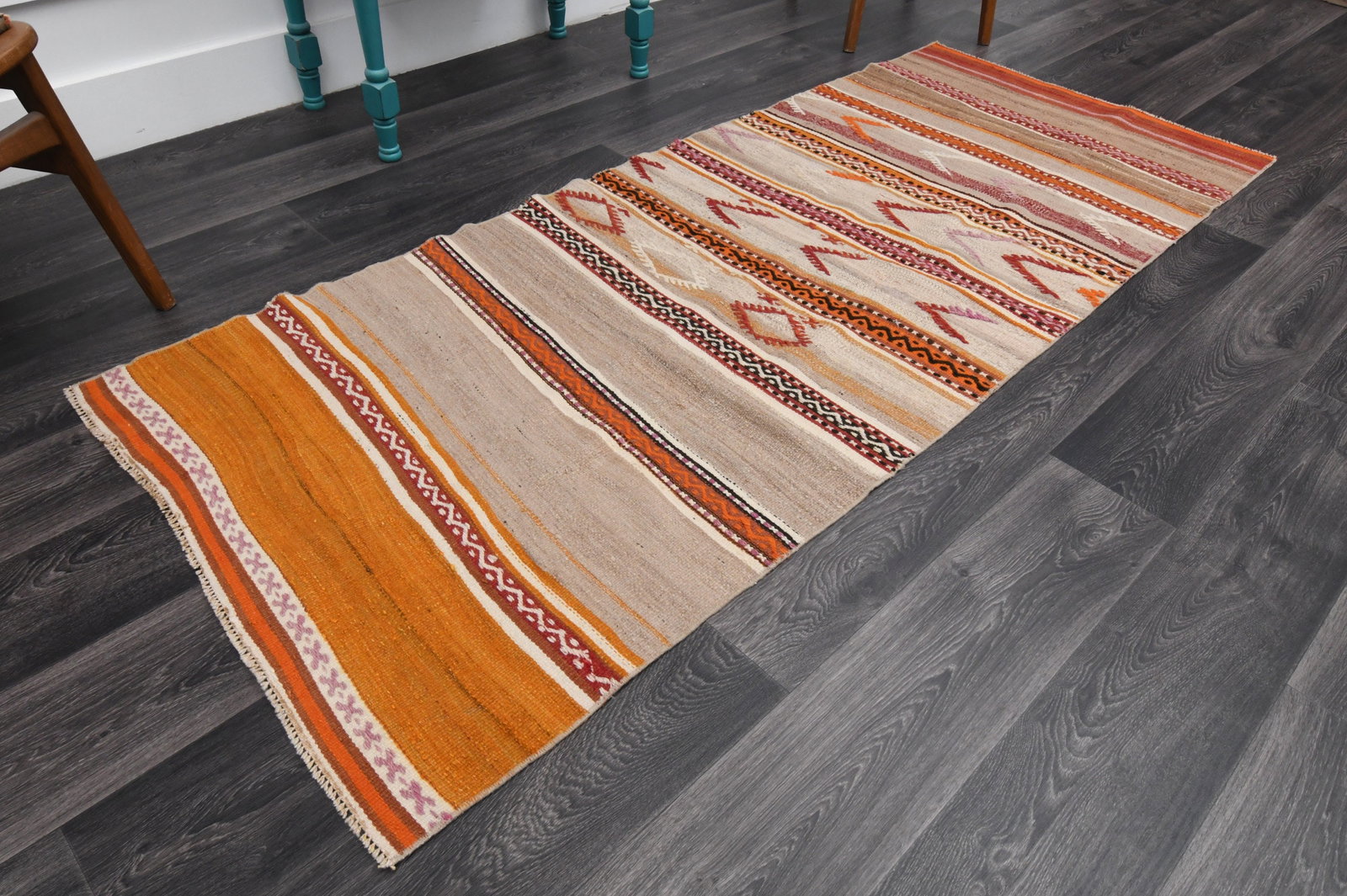 3.1x7.8 ft, TURKISH KILIM Runner: Title: 3.1x7.8 ft, TURKISH KILIM Runner Description: This Turkish one-of-a-kind Vintage Flatweave Kilim Rug is hand-knotted and handwoven by the most skilled artisans who use pure wool, in vibrant, na