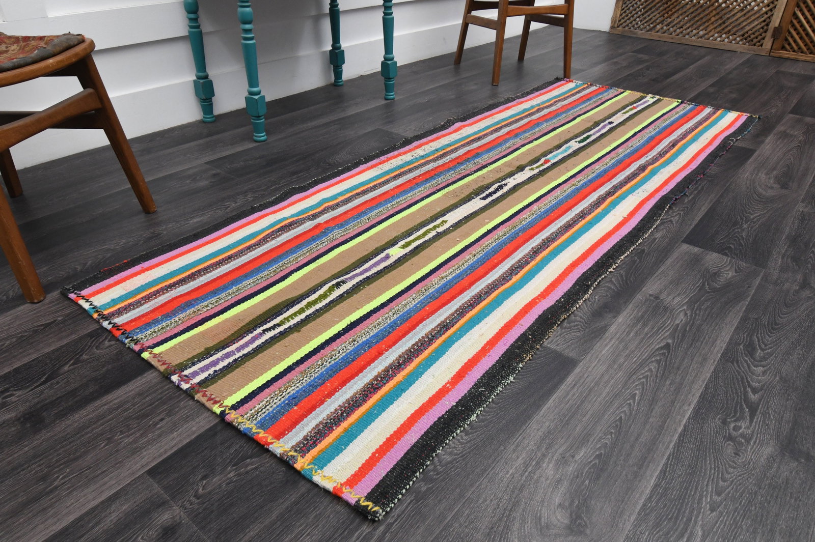 3.1x8 ft, TURKISH KILIM Runner: Title: 3.1x8 ft, TURKISH KILIM Runner Description: This Turkish one-of-a-kind Vintage Flatweave Kilim Rug is hand-knotted and handwoven by the most skilled artisans who use pure wool, in vibrant, natu