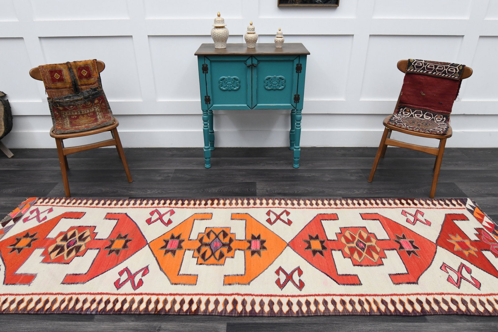 3.1x10 ft, White & Red KILIM Runner - 2
