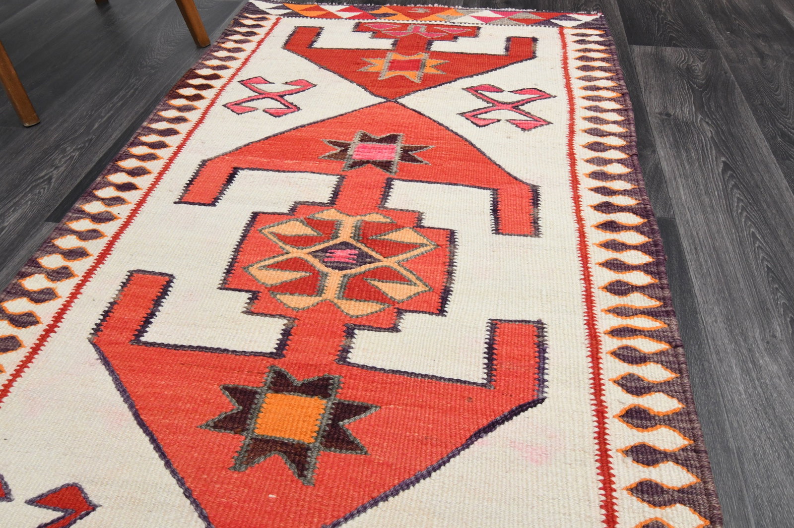 3.1x10 ft, White & Red KILIM Runner - 3